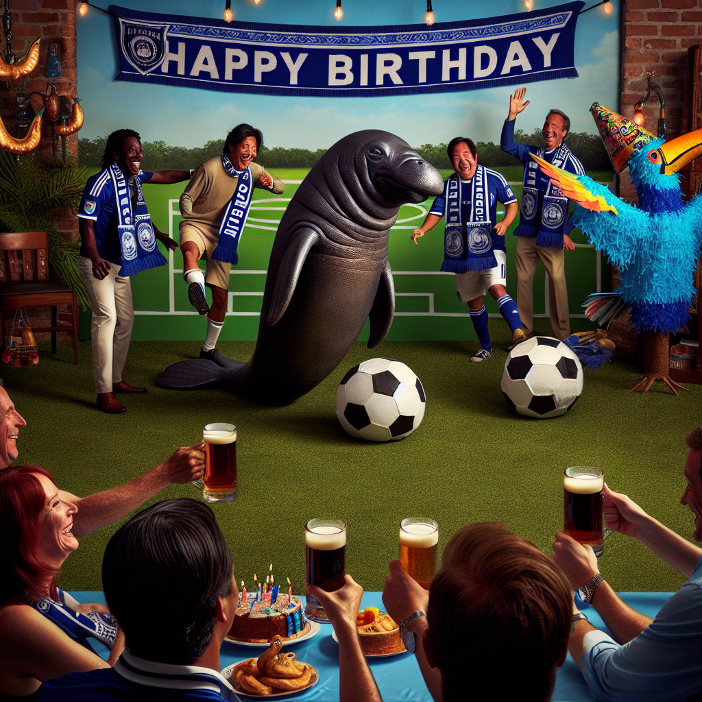 Imagine a humorous and realistic birthday environment. The birthday celebrant, an East Asian male, is engaging in a soccer game where a friendly manatee serves as their goalkeeper. The surroundings are highlighted with the distinctive shade of blue associated with a popular football club, along with banners and balloons bearing an unidentified football emblem. In a corner, a toucan, donned with the club's scarf, is amusingly pecking at a piñata resembling a soccer ball. Onlookers, a diverse group of both male and female guests from varying descents including Black, Hispanic, and Caucasian, are chuckling and raising glasses of frothy dark beer, applauding the unique game, rejoicing over the birthday and their shared fondness for the sport.
Generated with these themes: Soccer, Manatee,  Chelsea football club, Toucan, Guinness , and Birthday.
Made with ❤️ by AI.