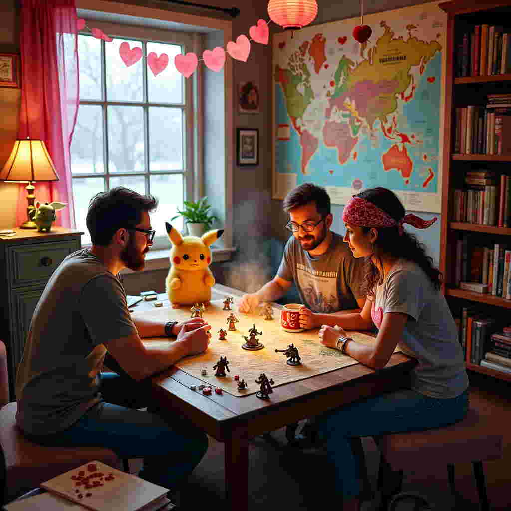 In a cozy living room that merges elements of whimsy and geekdom, an enchanting scene unfolds. The room is filled with an eclectic mix of Valentine's Day decorations, ranging from heart-shaped paper lanterns casting a warm glow, to pink and red garlands draped over a vintage bookshelf brimming with comic books and fantasy novels. At the center of the room, a rustic wooden table is transformed into a lively tabletop gaming battlefield, where miniature Warhammer figurines clash with tiny, yet fierce, Pokemon figurines. The Warhammer characters, complete with meticulously painted armor and fierce expressions, are caught mid-battle against an army of colorful, adorable Pokemon—Pikachu wielding a thunderbolt, Charizard breathing fire, and Bulbasaur entangling an Orc with its vines.

Around the table, a couple is absorbed in their tabletop gaming adventure, the fiancé with a bushy beard and geeky glasses, wearing a "Gotta Catch 'Em All" t-shirt, while his partner, with curly hair tied back with a bandana adorned with tiny D20 dice, wears a shirt featuring a heart-shaped Warhammer logo. Between them, a lovingly prepared plate of heart-shaped cookies and a couple of steaming mugs of cocoa sit ready to fuel their imaginative battle.

A large, colorful map of the Warhammer universe acts as a backdrop on one wall, pinned over another map showcasing the regions of the Pokemon world. Scattered dice and a rulebook featuring a blend of Warhammer and Pokemon graphics lay open at their feet. In the corner, a cheeky Cupid Pikachu, with wings and a bow, is perched on a stack of board games, cheekily observing the scene. Outside the window, snow falls gently, completing this quirky, love-filled tableau that celebrates the union of gaming and romance.
Generated with these themes: Warhammer, Geeky, Pokemon, Fiance, Tabletop gaming, and Valentines.
Made with ❤️ by AI.