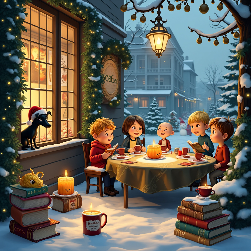 Picture a charming, snow-dusted, storybook village square bustling with Christmas cheer. In the center of the scene is a cozy Starbucks, adorned with twinkling holiday lights and a large wreath on its door. Peeking out from the front window is a miniature black dog wearing a tiny Santa hat, his eyes wide with excitement as he watches passersby. 

Next to him, perched on the windowsill, is a mini golden dragon, its scales shimmering like holiday ornaments. The dragon is clutching a small book titled "Magic for Beginners," its eyes eagerly scanning the pages. 

Inside the Starbucks, a group of diverse characters are gathered around a large wooden table, decorated with a vibrant Harry Potter tablecloth. Candles of various sizes and colors flicker on the table, casting a warm glow. Among them, a pumpkin spice candle sits prominently, its label featuring a cartoon pumpkin with a cheeky grin.

In one corner of the table, stacks of books are teetering precariously, including a well-worn copy of "Harry Potter and the Philosopher’s Stone" and several volumes of the ACOTAR series. The books are interspersed with steaming mugs of coffee, one of which has a latte art of a snitch from Harry Potter.

Near the table, a character dressed in Hogwarts robes is reading aloud from "A Court of Thorns and Roses," while another, dressed as Calvin from Calvin and Hobbes, listens intently, his eyes filled with wonder. Behind them, the walls are decorated with posters featuring classic comic strips like Peanuts and The Far Side.

Outside, through the frosted windows, you can see more festive activity. Tiny, animated creatures from various fairy tales and comics are bustling about, making snow angels, building snowmen, and engaging in snowball fights. The entire scene is a delightful cacophony of holiday magic and literary charm, blending elements from beloved stories and iconic artists into a single, heartwarming tableau.
Generated with these themes: Black mini dog, Mini Golden Dragon, Books, Starbucks, Harry Potter , Candles, Pumpkin spice candle , and ACOTAR.
Made with ❤️ by AI.