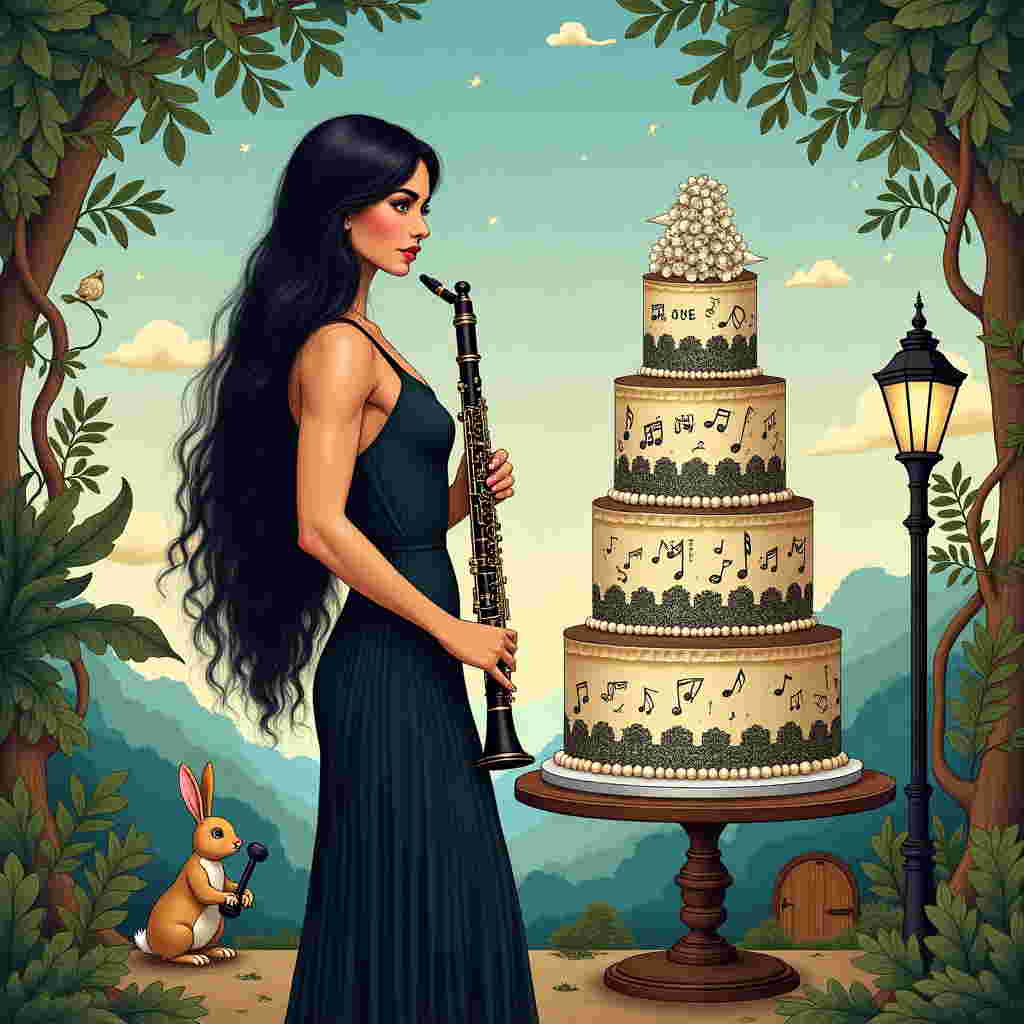 In the foreground of this birthday card, a highly detailed and expressive illustration unfolds. A strong, confident young woman stands center stage. Her long, black, and straight hair cascades down her back, mirroring the sleek shine of a grand concert clarinet she cradles gently in her hands. Her muscular arms, testament to her dedication as a bodybuilder, are subtly accentuated in the illustration, portraying both strength and grace.

The scene is set against a richly textured background inspired by the golden age of illustration, reminiscent of Maxfield Parrish's luminous landscapes and Arthur Rackham's intricate line work. The sky is a soft, gradient wash of twilight blues and purples, dotted with twinkling stars and wispy clouds, creating a dreamlike atmosphere.

To her right, a wooden stand displays a towering birthday cake, intricately detailed in a Beardsley-esque black-and-white pattern, contrasting against the pastel background. The cake is adorned with musical notes delicately carved into its layers, each one reflecting her passion for music. Atop the cake, in elegant lettering reminiscent of Edward Gorey's distinctive style, is the name "Alice," subtly woven into a decorative banner that wraps around the cake's summit.

To her left, a Victorian-style lamppost—an homage to N.C. Wyeth's attention to period details—casts a warm glow over the scene, illuminating a small, whimsical rabbit dressed in a tiny waistcoat, a nod to Beatrix Potter. The rabbit appears to be lifting a tiny dumbbell, a playful detail that ties back to Alice’s bodybuilding interest.

Surrounding Alice are lush foliage and twisting vines reminiscent of Maurice Sendak's detailed natural elements. Hidden among the leaves, a small, wooden fairy door beckons, hinting at a world beyond—a touch of Gorey-esque whimsy.

This detailed tableau captures the essence of Alice's unique interests, set within an enchanting, storybook-like scene that invites the viewer into her world.
Generated with these themes: A girl of 31 years with long, black and straight hair, who is a clarinet player and a bodybuilder too.
Made with ❤️ by AI.