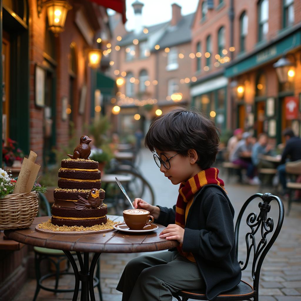 In a whimsical outdoor café nestled in a bustling, magical street, the atmosphere is alive with charm and wonder. The setting is adorned with quaint brick buildings, each uniquely colored and embellished with enchanting signs. As the early evening light casts a warm glow, strings of fairy lights crisscross overhead, enhancing the magical ambiance.

At a round, wrought-iron table outside the café sits Harry Potter, dressed in his Hogwarts uniform with his Gryffindor scarf fluttering in the breeze. His iconic round glasses catch the light as he studies the menu, a moment of calm amidst the lively scene. On the table in front of him is a towering, decadent chocolate cake, its rich layers filled with velvety ganache, topped with delicate chocolate shavings and a sprinkle of edible gold dust. Beside it, a chocolate frog seems to leap from the plate, as if trying to avoid being devoured. Next to the cake, a steaming cup of cappuccino awaits, the foam artfully shaped into a swirled pattern of a phoenix, with a silver spoon resting on the saucer, ready for stirring.

Leaning against the brick wall of the café is a vintage bicycle, its wicker basket overflowing with freshly picked flowers and a rolled-up parchment that suggests a magical letter is tucked inside. To the side of Harry's table, a group of children gather around a makeshift science experiment station. Beakers filled with colorful, bubbling potions are placed on a table, and one young adventurer, donning oversized goggles, carefully pours a shimmering, iridescent liquid into a flask, causing a puff of glittering smoke to rise into the air.

Perched on the back of Harry's chair is Hedwig, his snowy owl, watching the scene unfold with curious eyes. Above the café door, an ornate sign reads "The Wizard's Brew," welcoming all who seek a delightful escape into the extraordinary.

Generated with these themes: Harry Potter, Chocolate, Coffee, Bike, and Science.  
Made with ❤️ by AI.