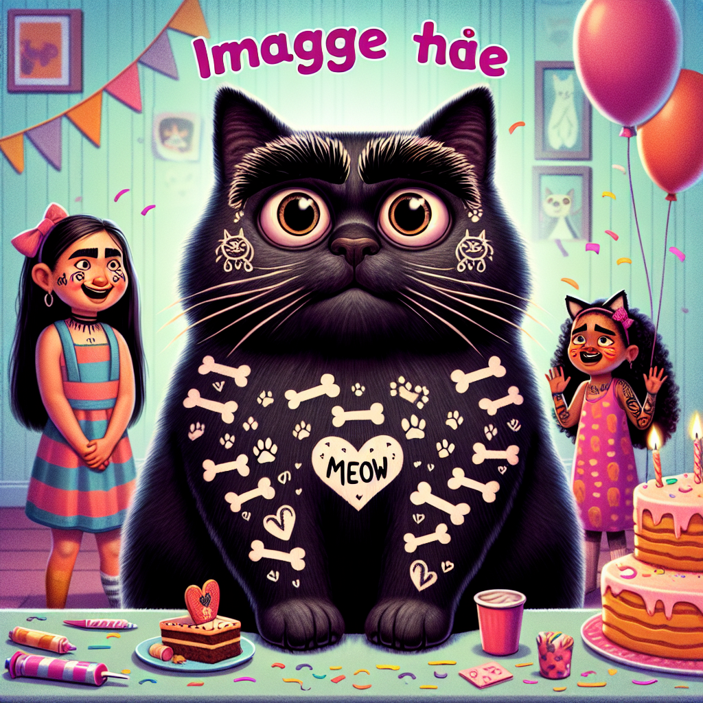 Imagine a humorous illustration depicting a large black cat with exaggerated, bushy eyebrows that make it appear surprised. This feline also displays a variety of playful tattoos, which consists of diminutive fishbones and a heart with the word 'meow' engraved. The cat is in the company of two young girls: A Hispanic girl who has painted her face to resemble the black cat, and an Asian girl donned in a party dress designed with cat paw prints. The ambience is filled with birthday-themed elements such as balloons, handfuls of confetti, and a delicious birthday cake. The scene is meant to elicit a sense of humor and familial affection, making it ideal for a birthday card design.
Generated with these themes: Black cat, Eyebrows, Tattoos, and 2 daughters.
Made with ❤️ by AI.
