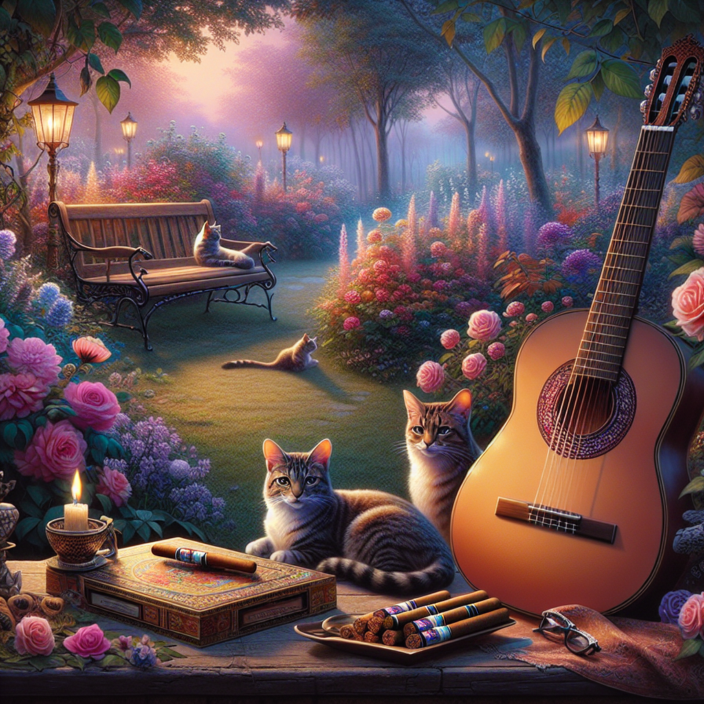 An enchanting garden bathed in soft light sets the ambiance for a charming anniversary celebration. This peaceful scene encompasses a realm of radiant flowers where cats with elaborately patterned coats lounge in tranquility. A couple of guitars, impeccably detailed down to the strings that appear to flutter in the breeze, rest alongside a collection of cigars on a rustic bench. These elements collectively reminisce the melodies and moments created and cherished over the years.
Generated with these themes: Cats, Cigars, and Guitars.
Made with ❤️ by AI.