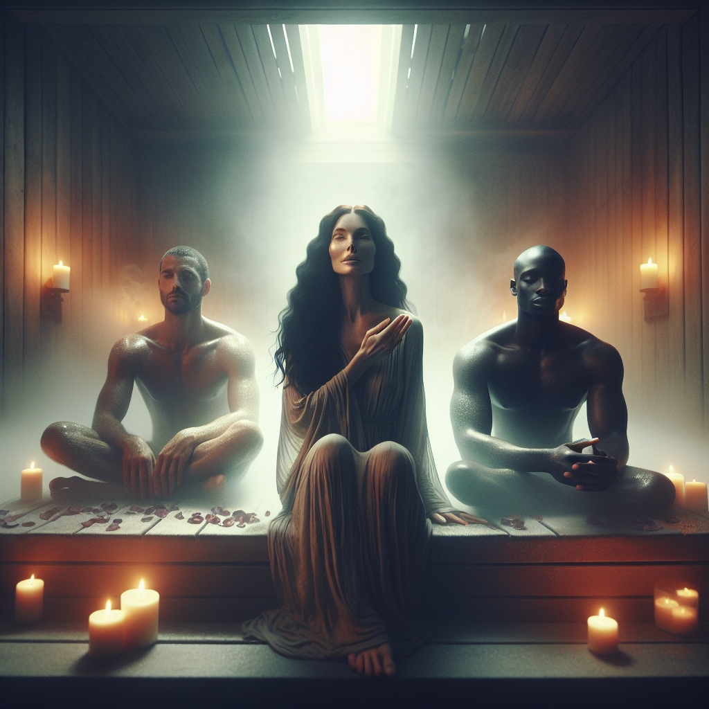 Visualize a serene indoor sauna scene, dimly lit by the soft glow of candles. The scent of rose petals subtly fills the air, hinting at a romantic ambiance. In the heart of this tranquil oasis, a 40-year old slender Caucasian woman with flowing dark hair relaxes, embodying the environment's soothing energy. On either side of her are two young, muscular Black men, their strong arms providing safety and comfort. The gentle mist in the air wraps the scene in a sense of wellness and camaraderie, symbolizing the universal concept of maternal love and care, in a narrative for Mother's Day. Despite the mother figure's absence, the scene translates the spirit of the occasion.
Generated with these themes: 40 year old slim woman with dark hair in a sauna being cuddled by two young muscular black men .
Made with ❤️ by AI.