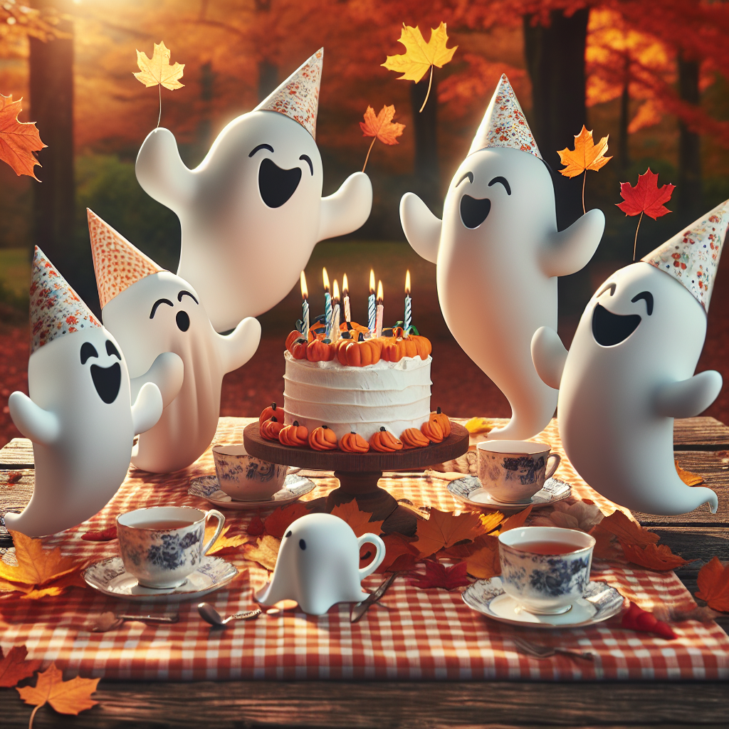 Depict a heartwarming birthday scene on a crisp autumn day, where playful specters are celebrating with an afternoon tea party. They are seen floating around a rustic wooden table, adorned with a gingham tablecloth and strewn with the vibrant fall leaves. One exuberant ghost, in the middle of blowing out the candles on a delectable pumpkin-spiced birthday cake, while the other specter companions donning party hats are laughing lightly and raising their patterned porcelain tea cups in a warm toast.
Generated with these themes: Ghosts autumn afternoon tea .
Made with ❤️ by AI.