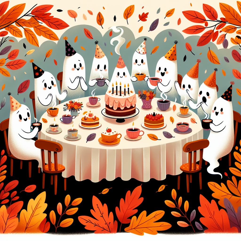Create a charming birthday illustration that showcases a group of friendly ghosts of various descents and genders gathered around a whimsical, autumn-themed table. Falling leaves in shades of orange, red, and yellow provide a beautiful backdrop as these spectral figures sip on steaming cups of tea. Each ghost is adorned with small party hats, reflecting their celebratory mood. The table is meticulously set with an array of pastries and a centerpiece cake adorned with candles, enhancing the warm, festive ambiance of the scene.
Generated with these themes: Ghosts autumn afternoon tea .
Made with ❤️ by AI.