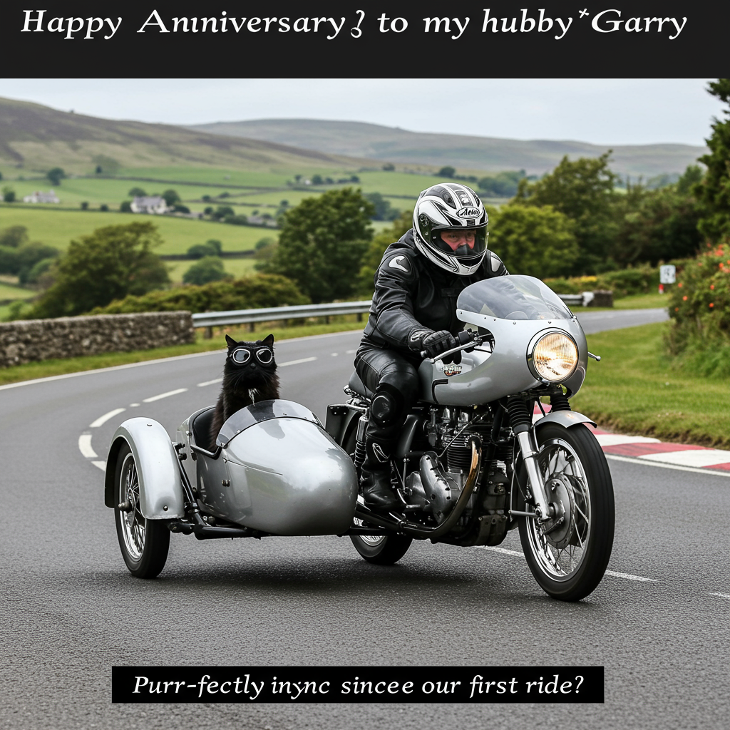 At the top of the Photorealistic picture taken from a camera image, the text reads: **Happy Anniversary to my hubby Gary**

---

### Image Description:

In this ultra-high-definition 4K UHD photograph, we have a humorous scene perfect for an anniversary card. The image captures a black cat, wearing tiny motorbike goggles, confidently sitting in the sidecar of a classic, gleaming motorbike. The motorbike is revving up on the iconic Isle of Man TT racecourse. The backdrop features the picturesque scenery of rolling hills and the winding road, giving an authentic TT racing vibe.

The cat, with a mischievous expression, seems to be playfully in charge of this thrilling adventure, while the motorbike, in perfect detail, shines under the daylight, showcasing its chrome accents and the reflections of the road and nature around it. This amusing contrast between the serious setting of a motorbike race and the cheeky, cool cat sidekick adds a delightful charm.

In the bottom right corner of the image, there’s a cheeky caption: "Purr-fectly in sync since our first ride!"
Generated with these themes: Motorbikes, Black Cat, Isle of Man TT , and .
Made with ❤️ by AI.