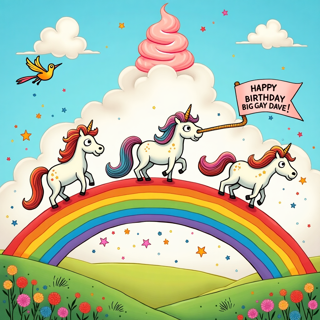 In the whimsical world of our birthday card, a towering mountain stands majestically in the background, its peak crowned with a whimsical spiral reminiscent of soft-serve ice cream, perhaps inspired by Winsor McCay’s dreamy landscapes. Just below the peak, a vibrant rainbow arcs gracefully across the sky, its hues blending into each other like watercolor dreams. This colorful arch is not merely decorative; it serves as a runway for a parade of unicorns. These playful unicorns, with their twinkling eyes and shimmering coats, trot joyously across the rainbow, each with a mane that flows like a river of candy floss in the wind, reminiscent of the playful exaggerations found in Gary Larson’s work. 

One unicorn at the front, the leader of this whimsical parade, proudly carries a banner in its mouth. This banner is adorned with glittering stars and reads, in bold, playful letters, "Happy Birthday Big Gay Dave!" The letters themselves appear to dance across the fabric, perhaps a nod to Bill Watterson’s dynamic and lively lettering style. Below, at the foot of the mountain, a serene meadow stretches out, dotted with colorful wildflowers that sway in rhythm with the gentle breeze.

In the sky above, fluffy clouds drift lazily, and one of them takes on the shape of a balloon animal, echoing the playful spirit of the scene. As a nod to the creativity of Osamu Tezuka, a small cartoon bird, with exaggerated eyes and a cheeky smile, flies around the rainbow, trailing a stream of sparkling confetti that falls gently like rain over the scene. Each element in this fantastical landscape comes together to create a vibrant tableau, a delightful homage to Big Gay Dave's birthday celebration.
Generated with these themes: Unicorns and a rainbow, mountain.
Made with ❤️ by AI.