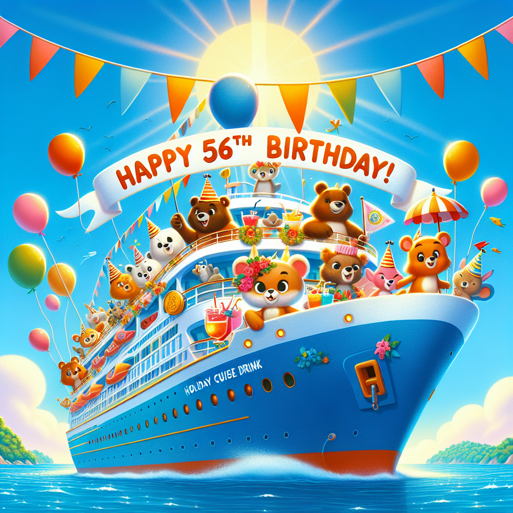 A playful image featuring a sun-drenched animated ocean liner set against a pristine blue sky. Vibrant flags are fluttering across the deck where a collection of cute forest animals, dressed in party outfits, are congregating. A cheerful bear of South Asian descent, at the center, is holding a cocktail that has an umbrella in it with the wording 'HOLIDAY CRUISE DRINK'. The ship's bow showcases a banner donning the joyful message 'Happy 56th Birthday!', complemented by floating balloons and a cake with a lone, blazing candle on top.
Generated with these themes: HOLIDAY CRUISE DRINK 56TH.
Made with ❤️ by AI.