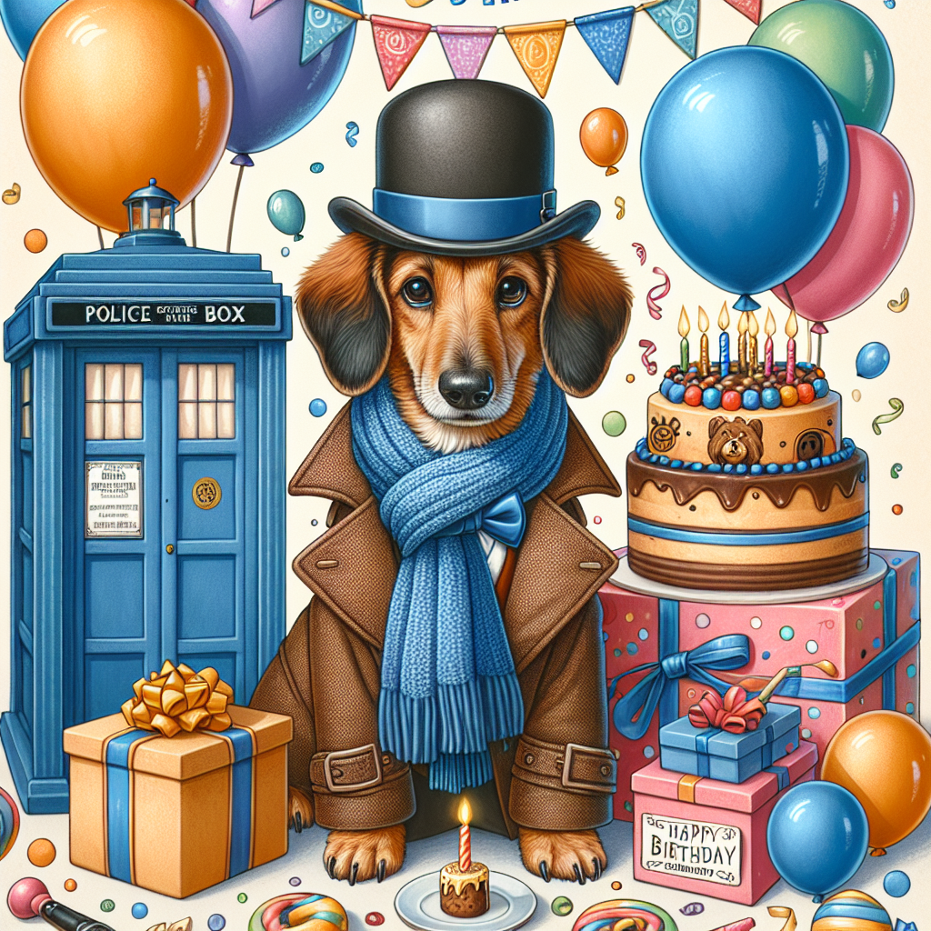 Create an image that portrays a joyful birthday scene with a charming sausage dog at the center. The dog is dressed in attire reminiscent of a time-traveling TV show character: a long scarf, coat, and fedora. Around the dog are a colorful assortment of balloons, confetti, and a festive birthday banner. We also see gifts inspired by a blue, Victorian-era, British police-box, and a dog-friendly cake topped with a single candle, emphasizing the charming and warm atmosphere of the occasion.
Generated with these themes: Sausage Dog Art Dr Who.
Made with ❤️ by AI.
