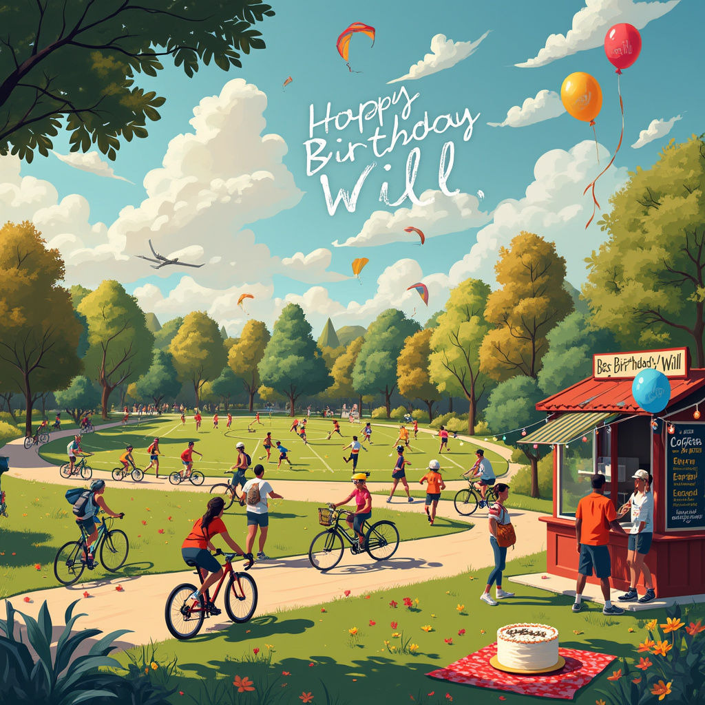 Picture a vibrant park setting bustling with life, bathed in the golden hues of late afternoon sun. To the left, there is a lively bike path winding through the park. Cyclists are zipping by on colorful bikes, some in neon gear and others in casual wear. A particularly conspicuous bike has a bright blue balloon tied to its handlebars with "Happy Birthday Will!" scrawled across it.

Adjacent to the bike path, a running track encircles a lush green field. Runners of all ages and shapes are jogging, sprinting, and power-walking, each immersed in their own rhythm. In the center of the field, there's a lively hockey game in progress, with players in vibrant jerseys battling it out energetically.

Near the foreground, a quaint coffee kiosk is adorned with strings of multi-colored fairy lights and whimsical chalkboard signs advertising the "Best Birthday Brew for Will." The barista, wearing a cheerful apron with a "Happy Birthday Will" badge, is seen handing a steaming cup of coffee to a smiling customer.

Above this bustling scene, a cluster of fluffy clouds drifts lazily in the sky, subtly spelling out "Happy Birthday Will" as if written by an unseen artist. Bright kites and balloons dot the sky, some with playful hockey stick and coffee cup designs on them.

Scattered around the scene, you can spot little details: a picnic blanket with a birthday cake decorated with cycling, running, hockey, and coffee motifs, and park-goers wearing party hats, all creating an atmosphere of celebration and fun. The name "Will" pops up in several places, from the custom water bottles held by runners to the jerseys of the hockey players, ensuring that Will feels celebrated from every angle of the park.
Generated with these themes: Cycling , Running, Hockey, and Coffee.
Made with ❤️ by AI.