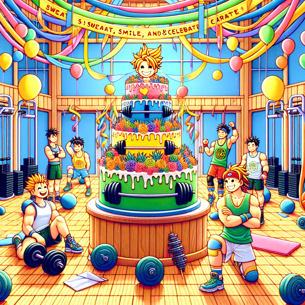 Imagine a scene set in a whimsical gym, drawn in a vibrant and whimsical style, reminiscent of Japanese animes. The gym is decorated with brightly colored streamers and balloons, all adorned with barbell prints. The focal point of the scene is a uniquely crafted cake shaped like a dumbbell. Surrounding the cake are stylized characters donned in workout gear, fully engaged in bouts of laughter while alternating in pushing their bodies off the floor. They are part of the cheerful atmosphere created by the overhead banner that spreads their motto across the room: 'Sweat, Smile, and Celebrate!'
Generated with these themes: Anime, and Working out.
Made with ❤️ by AI.