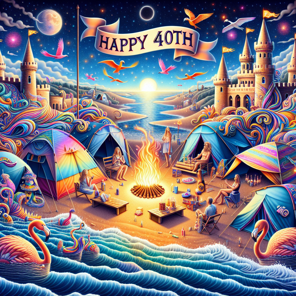 A surreal 40th birthday celebration illustration depicting beach camping with a twist. The image reveals a sprawling shoreline where tents transform into sandcastles and feature shimmering candles on their turrets. Waves from the vibrant ocean gently collide with a bonfire displaying kaleidoscopic colors. Around this fire, whimsical sea creatures and guests wearing lively party hats congregate. Above this scene, a banner reading 'Happy 40th' softly glows under the moonlight, towed in the sky by a group of flamingos. The entire setting conveys a fusion of reality and fantasy, creating a delightful and festive beachscape.
Generated with these themes: Son 40th beach camping parties.
Made with ❤️ by AI.