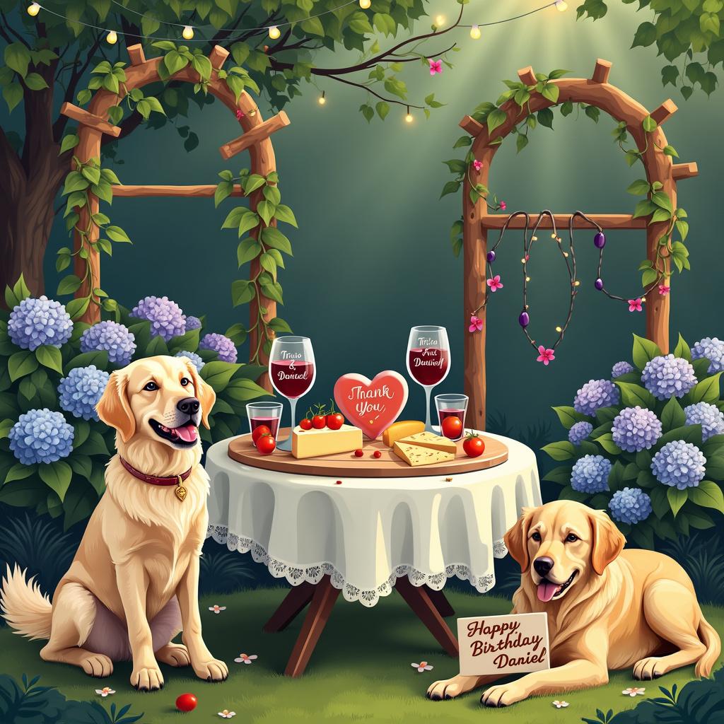 In this design, the focal point is a quaint garden table set for two, with Tricia & Daniel's names inscribed on custom wine glasses adjacent to a heart-shaped cheese board featuring a variety of cheeses and grape tomatoes. Behind the table rests a garden abundant with hydrangeas, providing a natural, colorful curtain of tranquility. A golden retriever, with a gentle smile, holds a heart-shaped sign in its mouth that says 'Thank You' while laying on a lush green lawn. To the side, a romantic heart-shaped trellis is adorned with more hydrangeas and twinkling fairy lights. A special touch is added with a 'Happy Birthday Tricia & Daniel' cake atop the table, complete with garden-themed decorations and wine-inspired icing artwork.
Generated with these themes: Golden retriever , Hydrangeas , Garden , Wine, Tomatoes , Cheese, and Heart shapes.
Made with ❤️ by AI.
