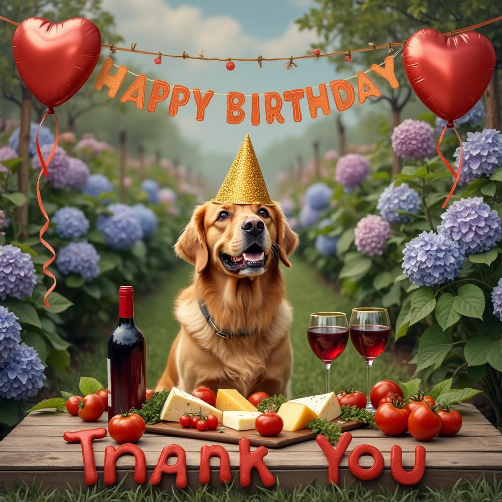 A whimsical garden scene forms the backdrop with hydrangeas in full bloom, casting a palette of blues, purples, and pinks. At the center, a cheerful golden retriever, donning a party hat, sits beside a rustic wooden table laden with a spread of luscious tomatoes, an assortment of cheeses, and an elegant bottle of red wine with two glasses. Overhead, a banner flutters gently in the breeze, reading 'Happy Birthday Tricia & Daniel' in bold, heart-shaped letters. Surrounding this, the garden is dotted with heart-shaped balloons tied to the fencing, while the grass at the retriever's paws is playfully arranged to spell out 'Thank You' with tomatoes and cheese.
Generated with these themes: Golden retriever , Hydrangeas , Garden , Wine, Tomatoes , Cheese, and Heart shapes.
Made with ❤️ by AI.