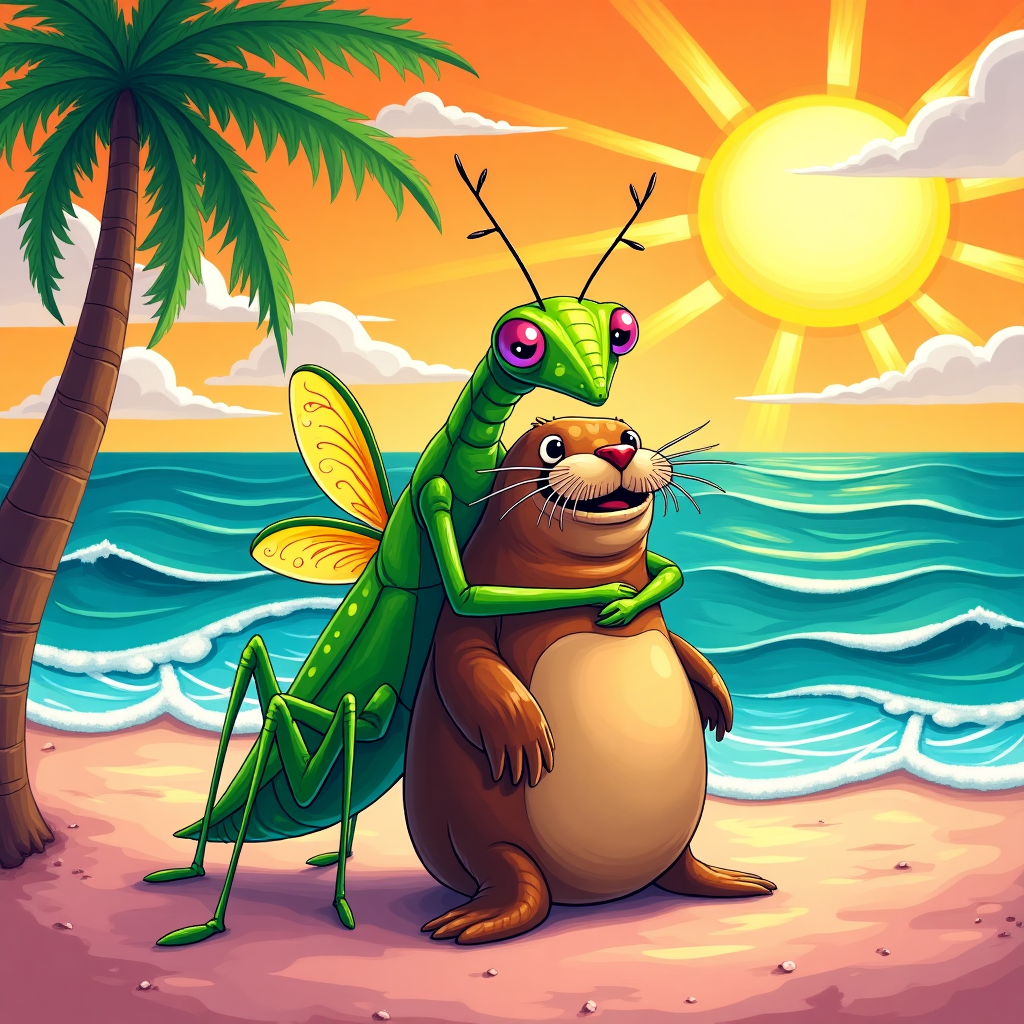 The front cover of this thank-you greeting card bursts with vibrant color and exaggerated whimsy, inviting the viewer into a fantastical cartoon world.

At the heart of the scene is a larger-than-life praying mantis with exaggerated, oversized eyes that twinkle with mischief. Its elongated limbs wrap in a comically tender embrace around a delightfully rotund walrus seal. The walrus seal features an enormous pair of tusks that curve up towards its broad, cartoonish grin, which is stretched wide across its blubbery face. Its whiskers stick out in all directions, giving it a slightly disheveled yet endearing appearance.

The praying mantis is adorned in a dazzling array of greens, with a gradient running from lime to forest green. Its body is dotted with tiny, playful polka dots in shades of electric blue and yellow, adding to the eccentricity of the creature. Its delicate wings shimmer with a touch of iridescent purple, casting playful reflections as if caught in perpetual sunlight.

The walrus seal’s skin is a rich, chocolate brown, textured with scribbly lines to suggest its natural folds and creases. Its belly, however, is a softer tan, providing a gentle contrast. Tiny, cartoonishly small flippers protrude from its sides, adding to the overall comical appearance.

They are standing—or rather balancing—on a beach made up of whimsical, swirling patterns of pink and turquoise sand. The background reveals a cartoon seascape: the ocean is painted in bold strokes of teal and sapphire blue, with exaggerated white foam cresting over playful waves. A gigantic sun hangs in the sky, its rays depicted as zigzagging golden beams extending outwards, reminiscent of a child's playful doodles. Puffy white clouds, each uniquely shaped like wacky animals, dot the vibrant orange sky.

To the side, a palm tree bends dramatically over the scene, its fronds depicted with broad, sweeping brushstrokes in neon green, while coconuts comically shaped like smiling faces dangle from its trunk. In the corners of the card, cheeky seagulls hover, each with exaggeratedly large eyes and tiny propeller-like wings, seemingly caught in a permanent state of delightful confusion.

The overall composition, while bustling with details and characters, remains balanced, ensuring each element contributes to the vivid thank-you tableau.
Generated with these themes: Praying mantis hugging a Walrus seal.
Made with ❤️ by AI.