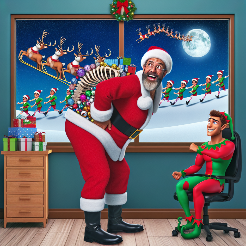 A whimsical Christmas-themed illustration features Santa Claus experiencing a bit of holiday stress, humorously depicted with his sleigh packed high with gifts. He's taken a pit stop at a jolly-looking chiropractor elf's office, getting a quick adjustment before his big night. Outside the window, elves are depicted running a reindeer marathon, sporting festive attire.
Generated with these themes: Chiropractor / running .
Made with ❤️ by AI.