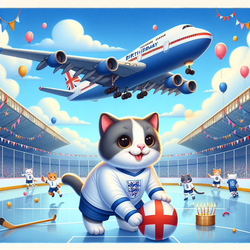 Create a whimsical birthday illustration featuring playful cats clad in white and blue jerseys, akin to an English football team. The scene is set on an ice hockey rink emanating a celebratory ambience. In the sky, a large, distinctive airplane soars gracefully, framed by a backdrop of festive balloons and streamers.
Generated with these themes: Cats, Tottenham hodspur , Hockey, and Shadow R1 aircraft.
Made with ❤️ by AI.