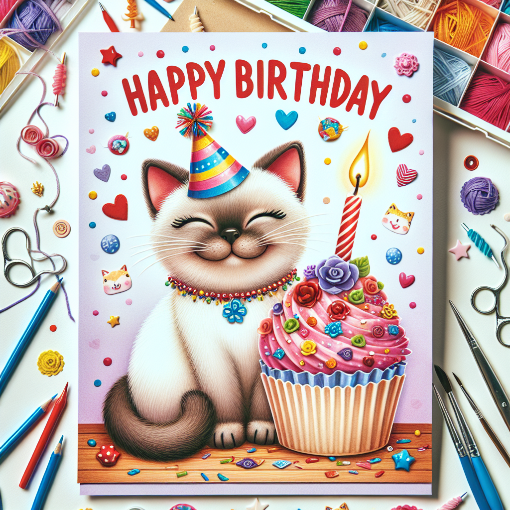 A charming birthday card scene displaying a serene Burmese cat wearing a party hat, sitting next to a cupcake with a single lit candle. Festive decorations fill the background while 'Happy Birthday' is displayed prominently in the scene in fun, bold lettering.
Generated with these themes: Burmese Birthday Cards.
Made with ❤️ by AI.