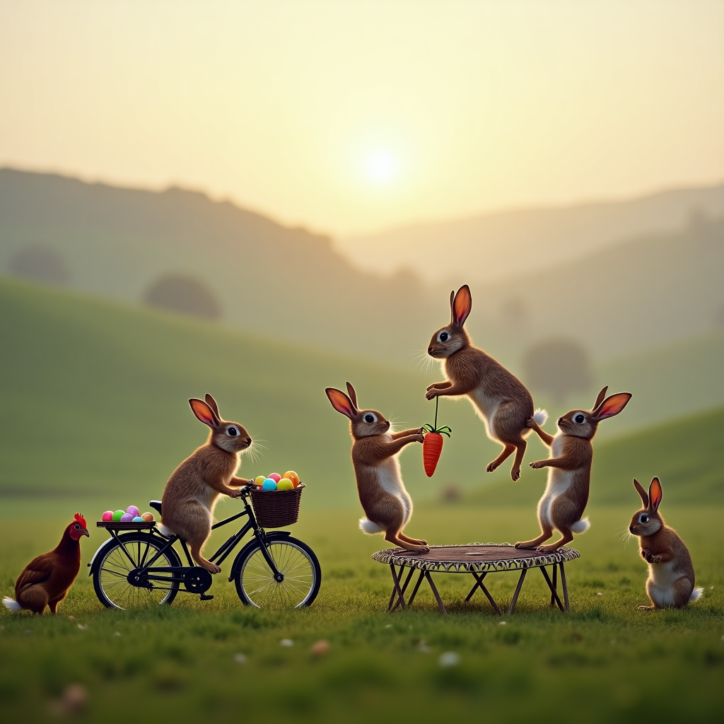 **Image Prompt:**  
At the top of the realistic photograph image, "Hop to it, Anita – it's Easter and the hare-raising fun begins!"

A highly realistic photograph of a sleepy-looking countryside at sunrise, with mist rising over green rolling hills. In the foreground, several mischievous-looking rabbits are caught mid-action: one is riding a miniature bicycle with a basket full of brightly painted Easter eggs, another is using a tiny wooden ladder to reach a hanging carrot, while two more are dramatically caught mid-bounce from a trampoline made of stretched-out suspenders. A chicken stands off to the side, looking baffled. Everything looks photorealistic but arranged in a subtly ridiculous, humorous way, as if a professional wildlife photographer stumbled upon a secret bunny Easter rave in the British countryside.
Generated with these themes: Rabbits, Countryside, Photographic, Simple greeting, and .
Made with ❤️ by AI.