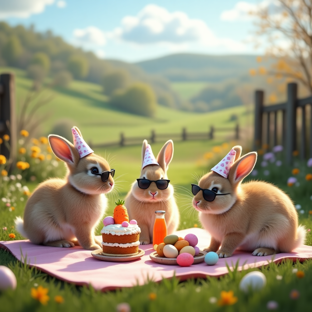 At the top of the realistic photograph image: "Somebunny loves you, Anita – Hoppy Easter!"

**Image Prompt:**  
A realistic, high-resolution photograph taken in the idyllic countryside during spring. In the foreground, a group of fluffy, real rabbits wearing tiny, mismatched Easter bonnets and sunglasses are gathered around a picnic blanket filled with decorated eggs and carrot cake. One cheeky bunny is caught mid-hop with a stolen egg in its mouth, while another lounges on its back with a tiny bottle of carrot juice. The backdrop features rolling green hills, scattered wildflowers, and an old wooden fence. Soft natural light adds warmth to the scene. The atmosphere is playful, quirky, and perfect for Easter fun.
Generated with these themes: Rabbits, Countryside, Photographic, Simple greeting, and .
Made with ❤️ by AI.