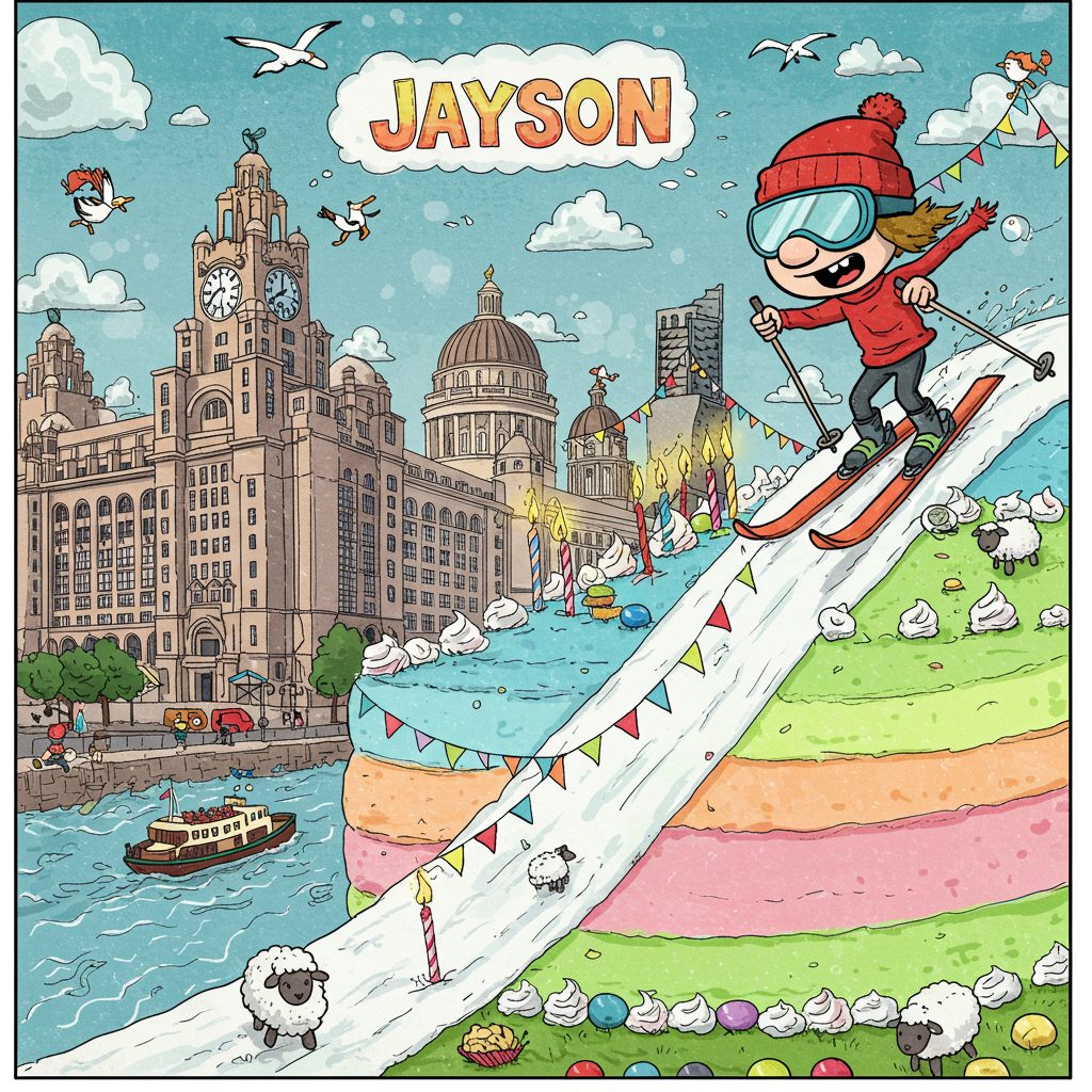 Imagine a vibrant, bustling cartoon scene bursting with color and whimsy, like a party invitation that came to life. In the foreground, a cartoon character with exaggerated, expressive features is expertly skiing down a slope of frosting on an enormous birthday cake shaped like the iconic Liver Building of Liverpool. The cake's vivid pastel layers—sky blue, lime green, and sunset orange—are adorned with candy sprinkles and tiny flags that spell out "HAPPY BIRTHDAY."

The character, reminiscent of a cross between Calvin from "Calvin and Hobbes" and Snoopy from "Peanuts," sports an oversized red beanie and goggles that comically dwarf their face. Their skis leave a trail of whipped cream as they navigate around miniature sugar sheep grazing on coconut grass, a playful nod to Liverpool’s Woolton.

Above the cake, a vibrant, cartoonish sky filled with bubbly clouds shaped like musical notes pays homage to Liverpool's musical heritage. Suspended in this sky is a rainbow banner reading "Jayson" in bold, chunky letters that look like they’ve been pulled straight from a comic strip.

In the background, cartoon Liverpudlian landmarks pop up in a whimsical skyline. The Royal Liver Building towers with exaggerated seagulls perched atop, wearing tiny party hats, and the Mersey Ferry chugs along the icing river below, its passengers made up of charming caricatures with wide eyes and gleeful expressions.

This scene, alive with the eccentric flair of a R. Crumb illustration and the colorful charm of Winsor McCay’s dreamscapes, creates an imaginative and celebratory card that captures both the spirit of Liverpool and the joy of a birthday.
Generated with these themes: love ski, live in liverpool.
Made with ❤️ by AI.