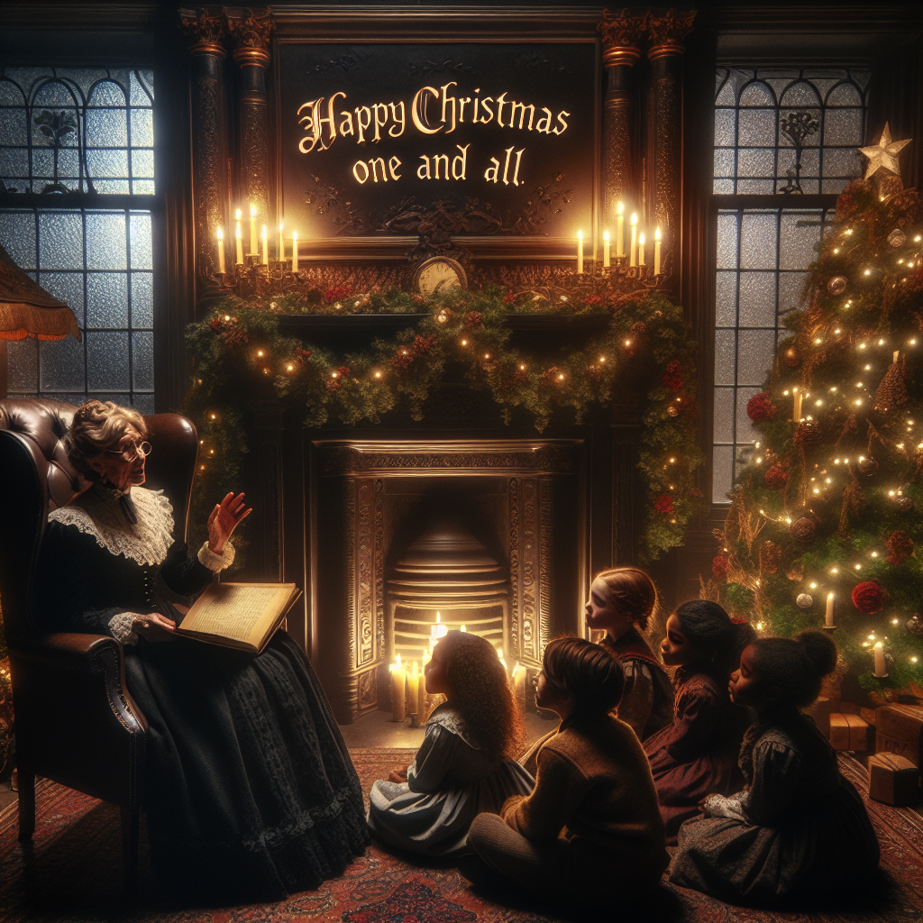 In this solemn Victorian Christmas vignette, an old-fashioned parlor is draped with garlands and the soft light of candles. The shadows cast subtle patterns on the walls and the richly decorated Christmas tree. On a high-backed chair sits an elder with spectacles, reading a tale to a group of children, who listen attentively with wide eyes. The text 'Happy Christmas one and all' is etched into the dark wooden mantle above the crackling fireplace, integrating seamlessly with the period scene, ensuring the message is central and without error.
Generated with these themes: Victorian.
Made with ❤️ by AI.