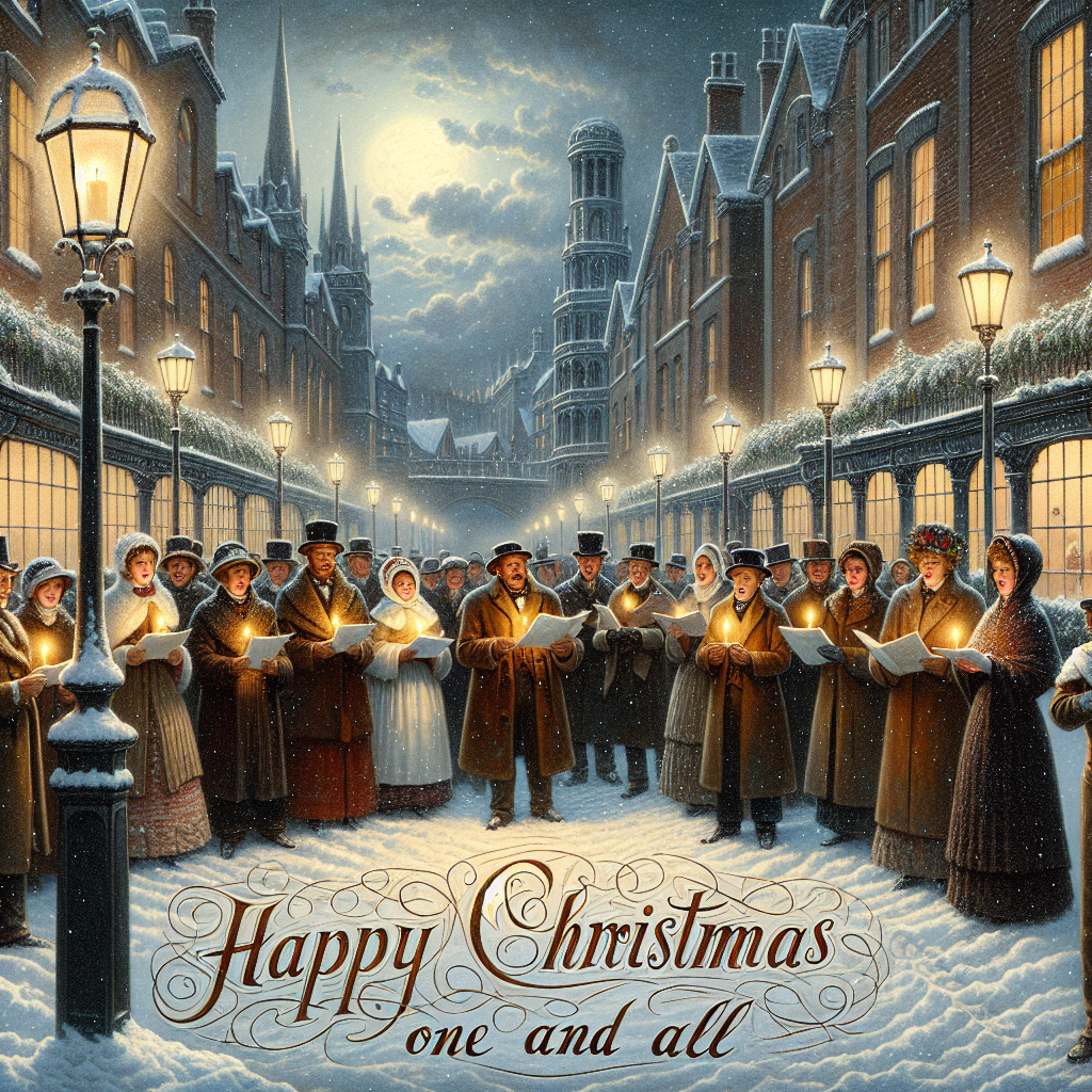 A Victorian-style street on a serene snow-filled Christmas Eve serves as the background for a solemn illustration. The gas-lit cobblestone pathways and the grand architecture of the era bathed in a soft glow. At the center, a group of carolers, dressed in period garb, sing softly under the flickering lamp light. Snow gently falls on their shoulders, and in the foreground, the words 'Happy Christmas one and all' are finely scripted, reminiscent of 19th-century hand-lettering, adding a warm and festive touch to the somber yet peaceful scene.
Generated with these themes: Victorian.
Made with ❤️ by AI.