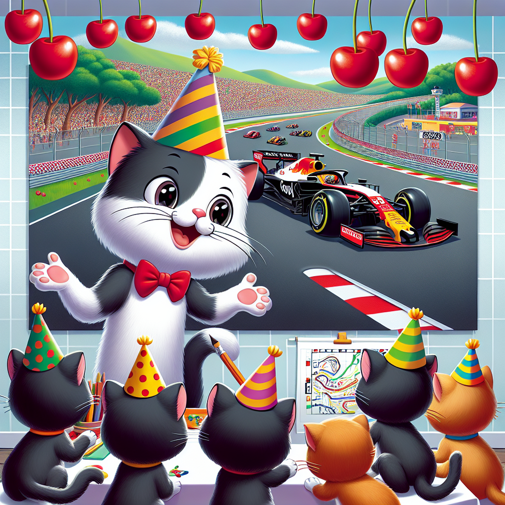 Create a heartwarming, cartoon-style image depicting a birthday party. The scene focuses on a black and white cat wearing a party hat, joyfully teaching a group of young kittens. In the background, there's a vivid mural of a Formula 1 racetrack with racing cars speeding by, providing contrast to the serene educational tableau at the foreground. Above them, cherry-themed decorations hang from the ceiling, introducing a playful and bright touch of red into the monochromatic setting.
Generated with these themes: Black and white cat , Teacher, Formula 1, and Cherries.
Made with ❤️ by AI.
