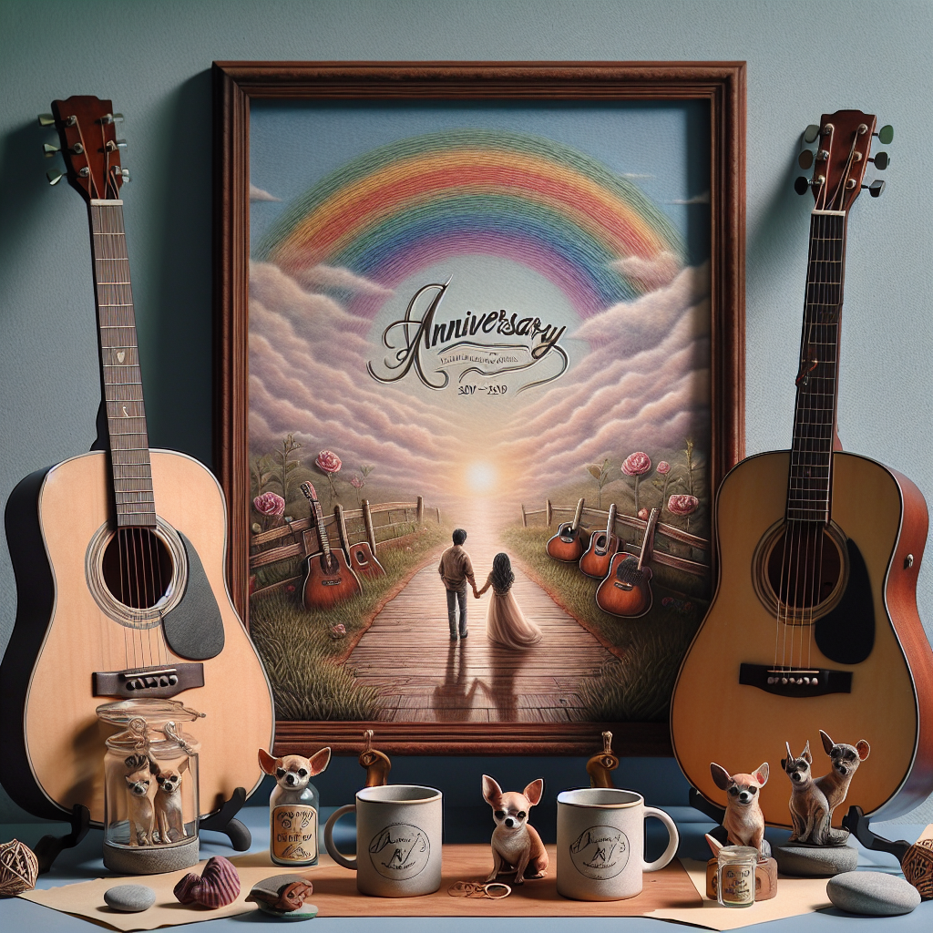 An anniversary setup featuring personalized elements. The setting is serene and realistic. There are guitars that are elegantly placed on an antique wooden stand, a representation of their shared love for music and shared memories. There are Chihuahua trinkets scattered around, reflecting the couple's affection for their little pet dog. In the visual illusion of a window, a beautifully sketched rainbow is seen, casting a spectrum of colors into the room, symbolizing their vibrant journey together. The scene is finished off with two custom-made mugs engraved with the initials 'AA', a symbol of their shared path through life.
Generated with these themes: Guitars, Chihuahuas , Rainbows, and AA.
Made with ❤️ by AI.