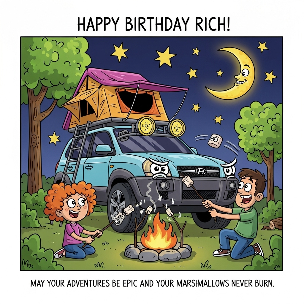 Roof tent , Hyundai tucson, Ginger girl , Brunette man , Campfire , and Birthday Card