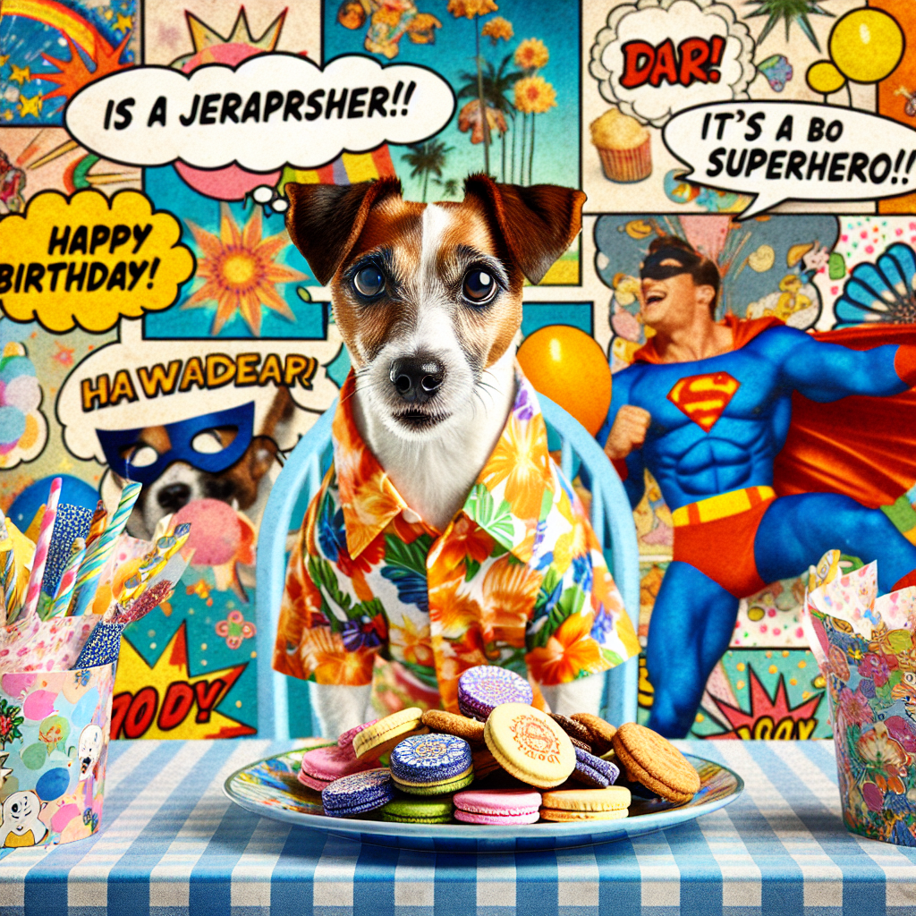 An endearing scene showcases a delightful birthday party environment brimming with fun and playful elements. At the heart of the scene, a Jack Russell dog sports a bright Hawaiian shirt, surrounded by a lively background filled with colorful graphics-novel styled bubbles that narrate its amusing antics. Instead of a well-known superhero, a generic superhero figure swings into view, surreally delivering a plate of mouthwatering biscuits, adding an unexpected twist to the overall jolly atmosphere.
Generated with these themes: Comics ,Jack Russell dogs , Hawaiian shirts , Spiderman ,biscuits.
Made with ❤️ by AI.