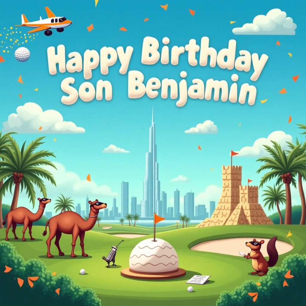 The scene is set on a luxurious Dubai golf course under a brilliant azure sky. The vibrant green fairways stretch as far as the eye can see, interrupted by the glistening sands of strategically placed bunkers. To the left of the scene, there's a group of playful camels, each wearing a golf visor and carrying tiny golf bags, engaging in a whimsical round of golf. One camel is hilariously attempting to putt with its long neck stretched awkwardly. On the right, a giant sandcastle in the shape of the Burj Khalifa towers over a pristine bunker, complete with little flags at the top. In the background, the iconic silhouette of Dubai's skyline can be seen, subtly suggesting the grandeur of the city. 

Above it all, the sky hosts fluffy clouds that spell out "Happy Birthday Son Benjamin" in a spectacular display, as if they were crafted by a whimsical wind artist. Below the text, a skywriter plane, shaped like a golf club, leaves behind a trail of confetti that cascades down gently onto the scene. In the center, a birthday cake shaped like a giant golf ball is perched on a tee, surrounded by palm trees adorned with twinkling fairy lights and tiny pennant banners. Near the cake, a quirky squirrel dressed as a caddie is holding a scorecard with a mischievous grin, suggesting it's ready to join the party. The scene is rich with detail and humor, creating a unique blend of luxury and whimsy, perfect for celebrating Benjamin's special day.
Generated with these themes: Dubai golf course, , and .
Made with ❤️ by AI.