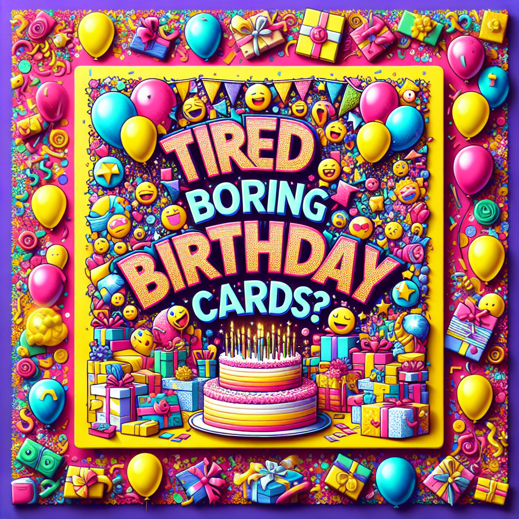 Generate a lively, birthday-themed square ratio advertisement graphic. The background should be filled with radiant colors like yellow, pink, and blue, mixed with a profusion of varying confetti and joyous balloons. The eye-catching message, 'Tired of boring birthday cards?', should be prominently placed in the middle of the image, appearing in a distinctive, playful font. Additional decorative elements should include joyous emojis, an appealing birthday cake enticingly decorated, and a variety of wrapped gifts scattered around. The overall design needs to create an energetic, festive mood.
Generated with these themes: A vibrant and eye-catching advertisement with a 1:1 ratio. The background is a mix of bright colors like yellow, pink, and blue with confetti and balloons. In bold, fun fonts, the phrase ‘Tired of boring birthday cards?’ is prominently displayed. Include playful graphics like smiling emojis, cake, and presents around the text to create a festive and lively atmosphere..
Made with ❤️ by AI.