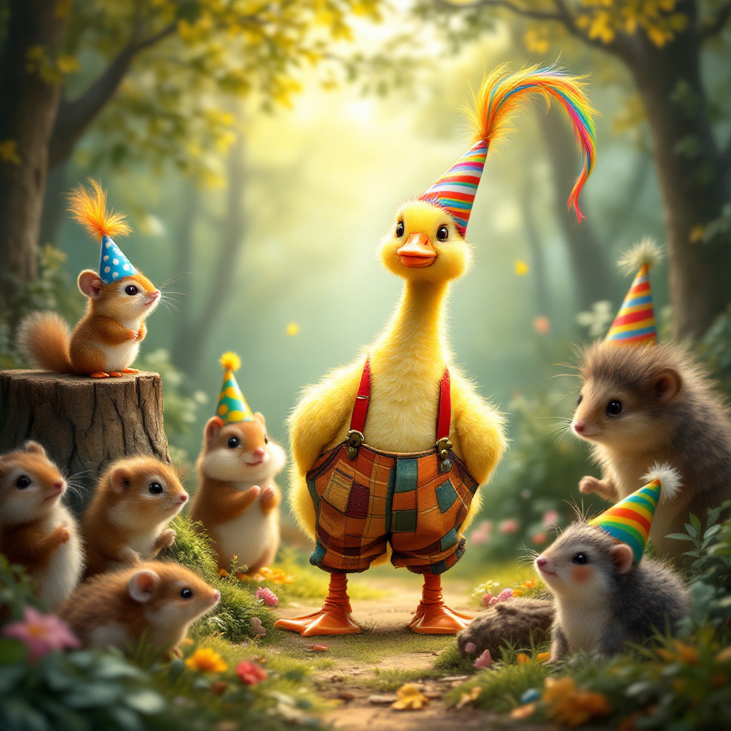 In the heart of an enchanting forest glade, an amusing birthday celebration is underway, capturing the whimsy of a children's storybook. At the center of the scene stands a silly baby goose, its fuzzy yellow feathers contrasting humorously with the pair of oversized, comically bulging trousers it wears. The trousers, adorned with mismatched patches of plaid and polka dots, are held up by bright red suspenders, comically loose around the tiny bird's round belly. On its webbed feet, the goose sports exaggeratedly long, pointy boots that curl upward at the tips, resembling a jester’s footwear. A vibrant, striped party hat sits lopsidedly atop its downy head, a long, colorful streamer flowing out from its peak.

Surrounding the goose is a delightful assembly of woodland creatures, each donning their own unique party hats. A chipmunk in a polka-dot hat stands atop a tree stump, excitedly clapping its tiny hands. A hedgehog with a rainbow-striped cone hat is gleefully balancing a platter of acorns, while a fox, wearing a hat adorned with tiny feathers, is playfully juggling berries. High above, a squirrel, its party hat bedecked with glitter, hangs upside down from a branch, cheekily tossing confetti made of autumn leaves into the air.

Dominating one side of the scene is an impressively oversized birthday cake, set upon a rustic wooden table. The cake towers in layers, each tier slathered with thick, pastel-colored icing and whimsically decorated with candy mushrooms and sugared berries. Tiny candles, shaped like twinkling stars, crown the topmost layer. All around, wildflowers and twinkling fireflies add vibrant splashes of color and light, turning the scene into a vivid, bustling forest fiesta, full of warmth and charm.
Generated with these themes: design a cute birthday card with a silly baby goose wearing trousers, pointy boots and a party hat surrounded by other woodland creatures also in party hats and a big birthday cake.
Made with ❤️ by AI.