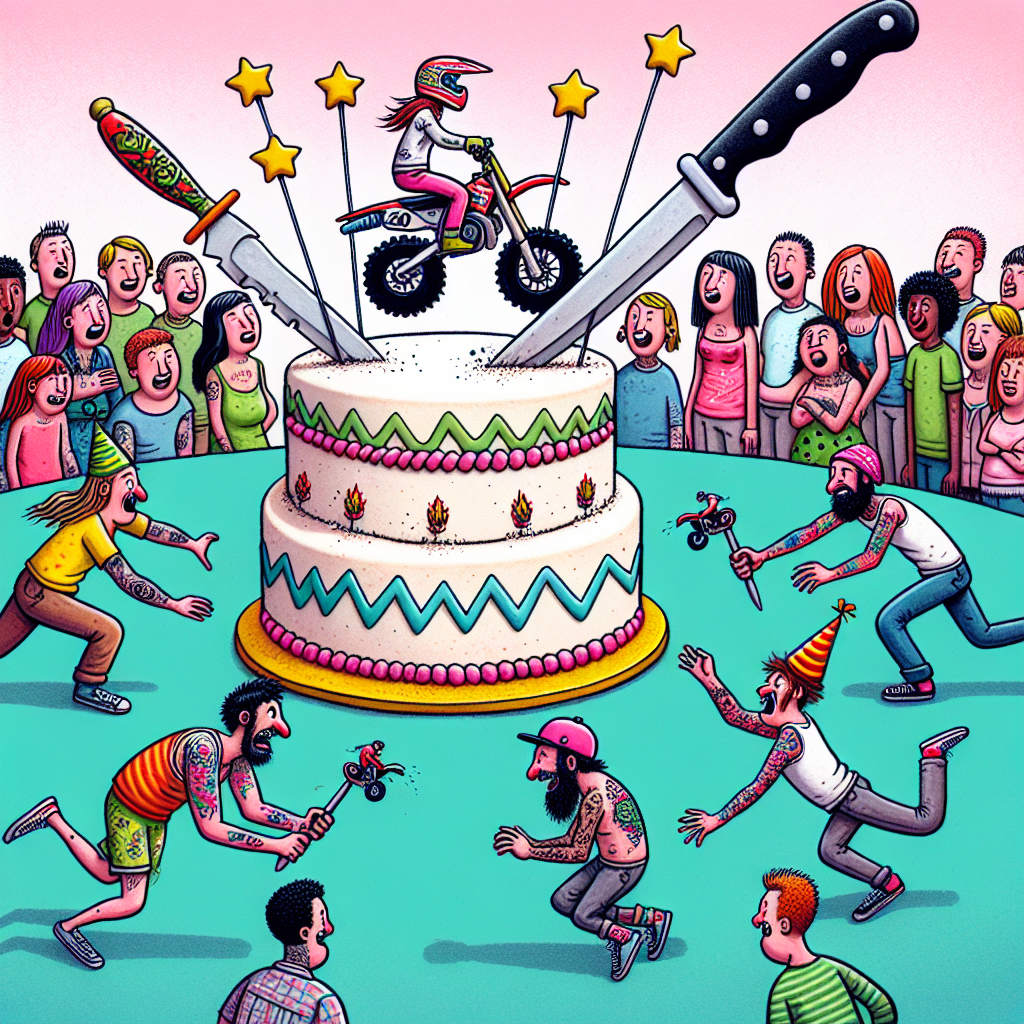 Create a whimsical birthday illustration showing a diverse group of tattooed individuals engaging in a humorous relay race. One relay baton is notably in the shape of a knife. They are circling a massive, vibrantly decorated birthday cake, which is uniquely adorned with miniature edible motorbikes performing wheelies on the icing. The crowd of people watching the race, of varying gender and descent, is seen laughing and enjoying the spectacle. One of the runners, seemingly distracted by the edible motorcycles on the cake, narrowly avoids falling face-first into the cake. His moment of near-mishap is instantly captured and immortalized in a joyous tattoo on his arm.
Generated with these themes: Motorbikes, Knives , Running, Cake, and Tattoos.
Made with ❤️ by AI.