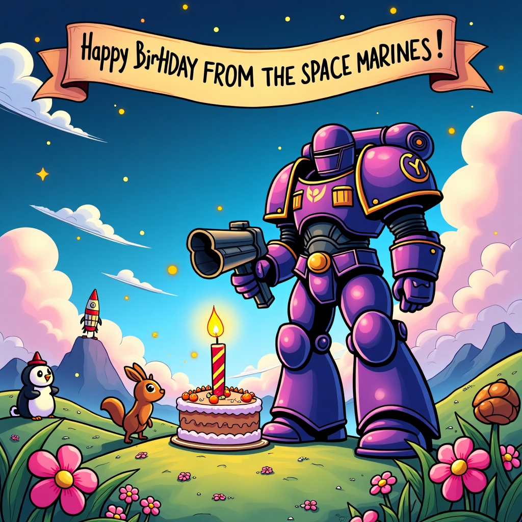 The scene takes place on a vibrant and whimsical planet, where a colossal purple Warhammer 40k Space Marine stands at the center, looking down at a small, cartoonishly colorful birthday cake resting on a rocky pedestal. The Space Marine's armor is an exaggerated mix of sleek metallic purples and deep royal blues, glinting under an otherworldly sky filled with swirling nebulae and scattered stars reminiscent of a Disney dreamscape.

In one armored hand, the Space Marine holds a comically oversized, cartoon-style laser blaster, aimed with meticulous precision at the single candle on top of the cake. The candle itself is a vibrant red with a bright yellow flame flickering playfully. Next to the cake, a tiny rocket in pastel hues—pinks, greens, and oranges—prepares to launch, with a smiley face drawn on its side, capturing the essence of Watterson’s playful humor.

The background is a kaleidoscope of colors, featuring rolling hills with checkerboard patterns in shades of lime green and electric blue. A few oversized, Schulz-inspired cartoon flowers, with thick black outlines and petals in a riot of colors, dot the landscape.

To the left of the Marine, an assortment of cartoon animals, reminiscent of Osamu Tezuka's playful style, gaze up in awe. There's a rabbit with overly large ears, a penguin sporting a tiny top hat, and a squirrel holding a comically large acorn. The sky is dotted with fluffy, exaggerated clouds shaped like balloons, in hues of pink and lavender, lending a dreamy, Winsor McCay-esque touch.

In the far distance, a small rocket ship, inspired by Hergé's iconic red and white checkered pattern, stands poised for takeoff on a cartoonishly rounded mountain. A whimsical banner stretches across the sky, written in a bubbly, colorful font: "Happy Birthday from the Space Marines!"

The entire scene is framed by a bold, black outline, reminiscent of classic comic strips, adding a layer of playful structure to the chaos of colors and details.
Generated with these themes: Purple warhammer 40k space marine blowing up a birthday cake candle., and .
Made with ❤️ by AI.