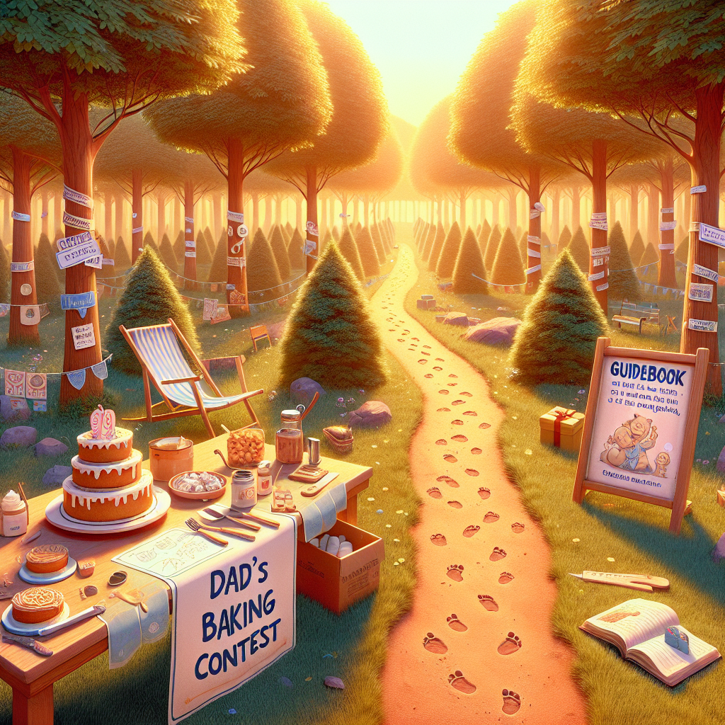 Visualize a warm and inviting park, bathed in the glow of the sun. A trail through the park beckons the audience into the scene. A preparation area for cake decorating is stationed prominently, adorned with a banner that declares 'Dad's Baking Contest'. Close by, there are small footprints and a book titled 'Guidebook to Being a Great Dad', indicating clear signs of a joyful, post-baking stroll. A vacant hammock swings gently amidst young trees, each tagged with amusing attributes of fatherhood. The ample space underneath each sapling suggests places where heartwarming moments of father-child bonding could take place, witnessed by the viewers.
Generated with these themes: Gardening, Walking , Cakes , Hugs, and Being a dad.
Made with ❤️ by AI.