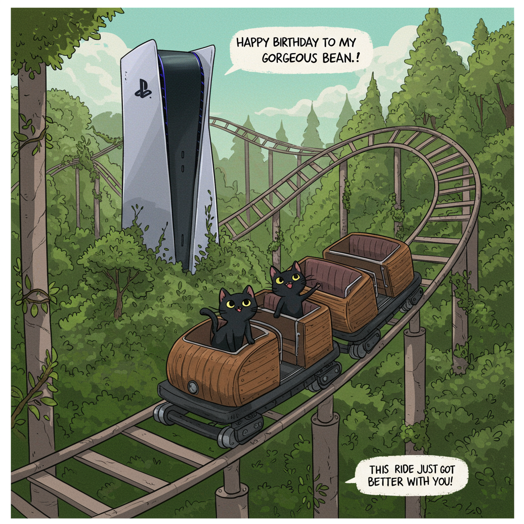 Universal roller coaster , 2 Black Cats, Last of us, PlayStation 5, and Birthday Card