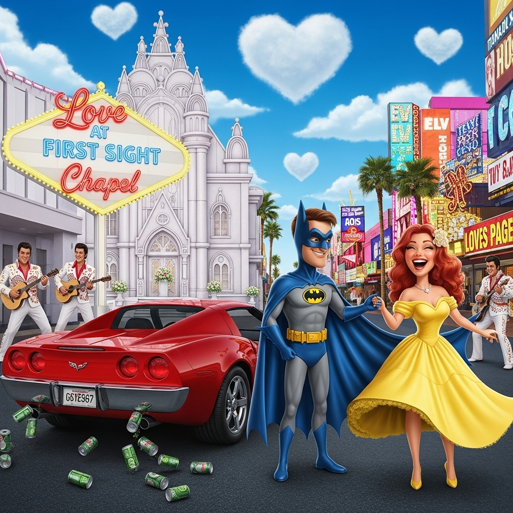 **Image Prompt:**

Imagine a vibrant, bustling Vegas strip, with a classic white wedding chapel at its center, complete with a neon sign that reads "Love at First Sight Chapel." In front of the chapel, a red Corvette is parked, with its doors open and cans tied to the bumper, trailing behind.

Standing beside the Corvette, there's a cartoonish, brown-haired groom dressed in a classic Batman costume, complete with a flowing cape and a slightly oversized mask. Next to him, the bride has fiery red hair and is wearing a bright yellow dress that twirls around her as she laughs. Her hand is playfully tugging on his cape.

The couple stands beneath a blue sky dotted with fluffy clouds shaped like hearts, while Elvis impersonators in the background playfully serenade them. The entire scene is filled with exaggerated expressions and vibrant colors that pop, creating a sense of joyous chaos and celebration.

**Caption (optional):**
"Going Batty for Each Other!"
Generated with these themes: Vegas, batman, wedding chapel, red corvette, brown hair man, red hair woman, yellow dress, and .
Made with ❤️ by AI.