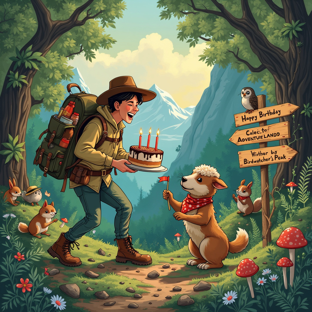 Sure! Here’s a vivid scene for the birthday-themed greeting card:

---

**Scene Description:**

In a lush, storybook forest brimming with towering, ancient trees with gnarled roots and canopies adorned with intricate leaves, a lively birthday celebration unfolds. Central to the scene is a jovial hiker, mid-stride, with a wide-brimmed hat jauntily tipped to one side and a vintage rucksack bulging with adventuring gear like maps, a compass, and a water bottle. This hiker is in high spirits, depicted laughing heartily while extending a birthday cake, decorated with brightly colored candles, toward an adorable Bedlington Terrier.

The Bedlington Terrier, with its distinctive curly coat and lamb-like appearance, stands on its hind legs, balancing on a moss-covered log. It sports a miniature explorer's outfit complete with a tiny bandana around its neck and a pair of cute hiking boots on its front paws. Clutched in its mouth is a small flag that reads, "Happy Birthday!"

Around them, the forest floor is alive with activity. A group of mischievous squirrels, inspired by Beatrix Potter's whimsical style, playfully juggle acorns in the background. A family of curious rabbits peeks out from behind the ferns, while a wise owl, reminiscent of Arthur Rackham’s detailed illustrations, watches from a branch above. The forest flora includes vibrant wildflowers, clusters of mushrooms, and creeping ivy that intertwines with the underbrush.

Further back, a picturesque mountain range looms under a sky painted with Maxfield Parrish's signature blend of twilight hues. A hand-drawn signpost nearby points in multiple directions, with whimsical labels like "Adventureland," "Trail of Laughs," and "Birdwatcher's Peak," adding to the whimsical feel.

The illustration is bursting with detail, from the texture of the tree bark to the delicate veins on the leaves, invoking the meticulous line work of Aubrey Beardsley. The colors are vivid and engaging, capturing the adventurous spirit of N.C. Wyeth and the dreamlike quality of Maurice Sendak’s landscapes.

To complete the scene, a flock of colorful birds, echoing Edward Gorey’s detailed and peculiar flair, swoops overhead, each bird carrying a tiny scroll tied with ribbon, contributing to the festive atmosphere. The entire scene tells a story of adventure, friendship, and celebration, encapsulating the themes of hiking, adventuring, and the lovable Bedlington Terrier in a rich, illustrative style.

---

This description should guide the artist to create a dynamic, detailed, and story-rich scene perfect for a birthday greeting card!
Generated with these themes: Hiking , Adventuring, and Birder terrier.
Made with ❤️ by AI.