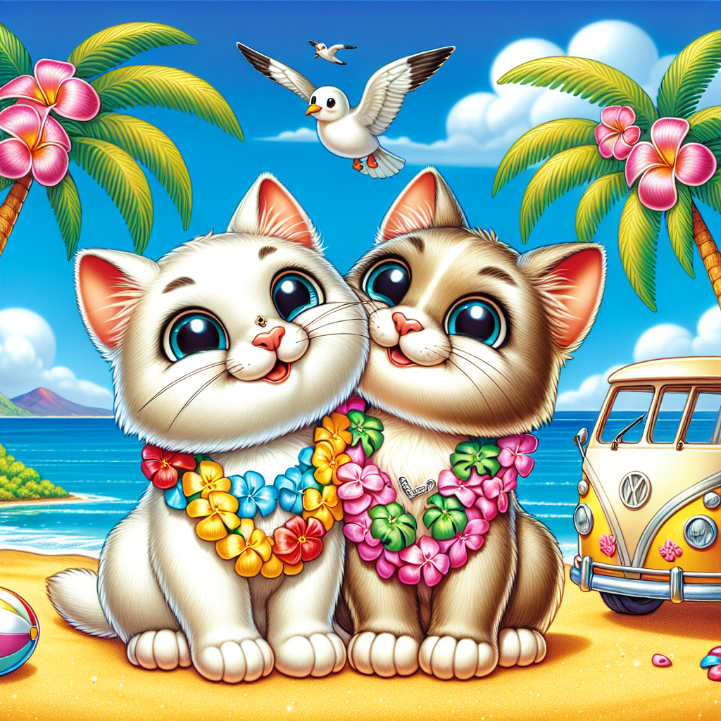 Show a joyous cartoon scene positioned on the sandy shoreline of a bright and colorful beach. In this cartoon, two cute cats of unknown descent, adorned with lei necklaces, nuzzle their noses together; a palm tree-rich ocean view adding beauty in the background. One of these feline friends is proudly showcasing a tiny engagement ring attached to its collar, subtly highlighting a recent proposal. Near these cats, a decoratively inviting van symbolizing travel and adventure are featured adding to the narrative's adventurous undertone. In the sky, seagulls are portrayed carrying a banner bearing a touching sentiment: 'Cheers to Your New Adventure! Congratulations!'
Generated with these themes: Beach, Engagement , Travel, and Cats.
Made with ❤️ by AI.
