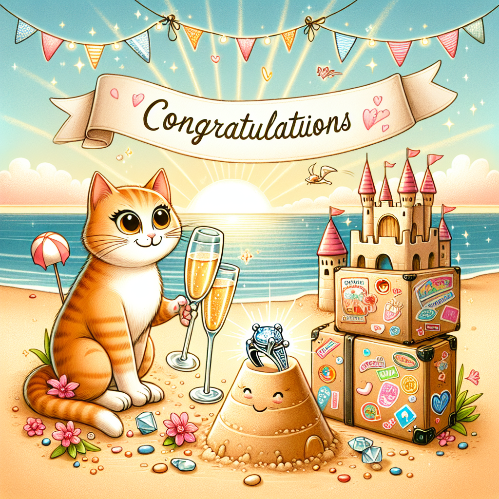 Illustrate a whimsical cartoon scene set on a sun-kissed beach. Include a pair of cats with twinkling eyes, both holding champagne flutes as they toast. These cats are sitting next to a sandcastle where an engagement ring is impressively embedded, glinting in the gleaming sunlight. In the backdrop, there's a suitcase covered in vibrant travel stickers, symbolizing the upcoming love-filled journey. An overhead banner dances in the gentle breeze, the inscription reading, 'Congratulations on Your Purr-fect Achievement!', adding a touch of delight and warmth to the scene.
Generated with these themes: Beach, Engagement , Travel, and Cats.
Made with ❤️ by AI.