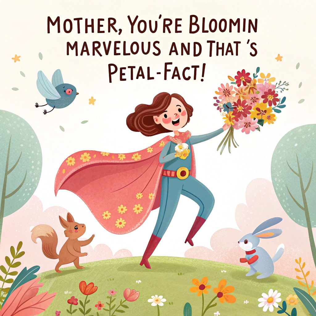 At the top of the image, "Mother, you're bloomin’ marvelous — and that’s petal-fact!"

– In the center of the image, illustrate a cheerful, cartoon-style woman in a vibrant cape made of floral patterns, striking a superhero pose with one hand on her hip and the other holding a glorious, overflowing bouquet of colorful spring flowers. She’s standing atop a little hill of soft grass with sparkles around her.

– Surround her with cute woodland creatures (like a squirrel, bunny, and bluebird) gazing up at her in awe, each wearing a tiny flower crown.

– At the bottom of the image, include the bold title in fun, bubbly lettering: “MY SUPERMOM” with hearts and sparkles woven into the letters.
Generated with these themes: A woman holding flowers, and Name the title MY SUPERMOM.
Made with ❤️ by AI.