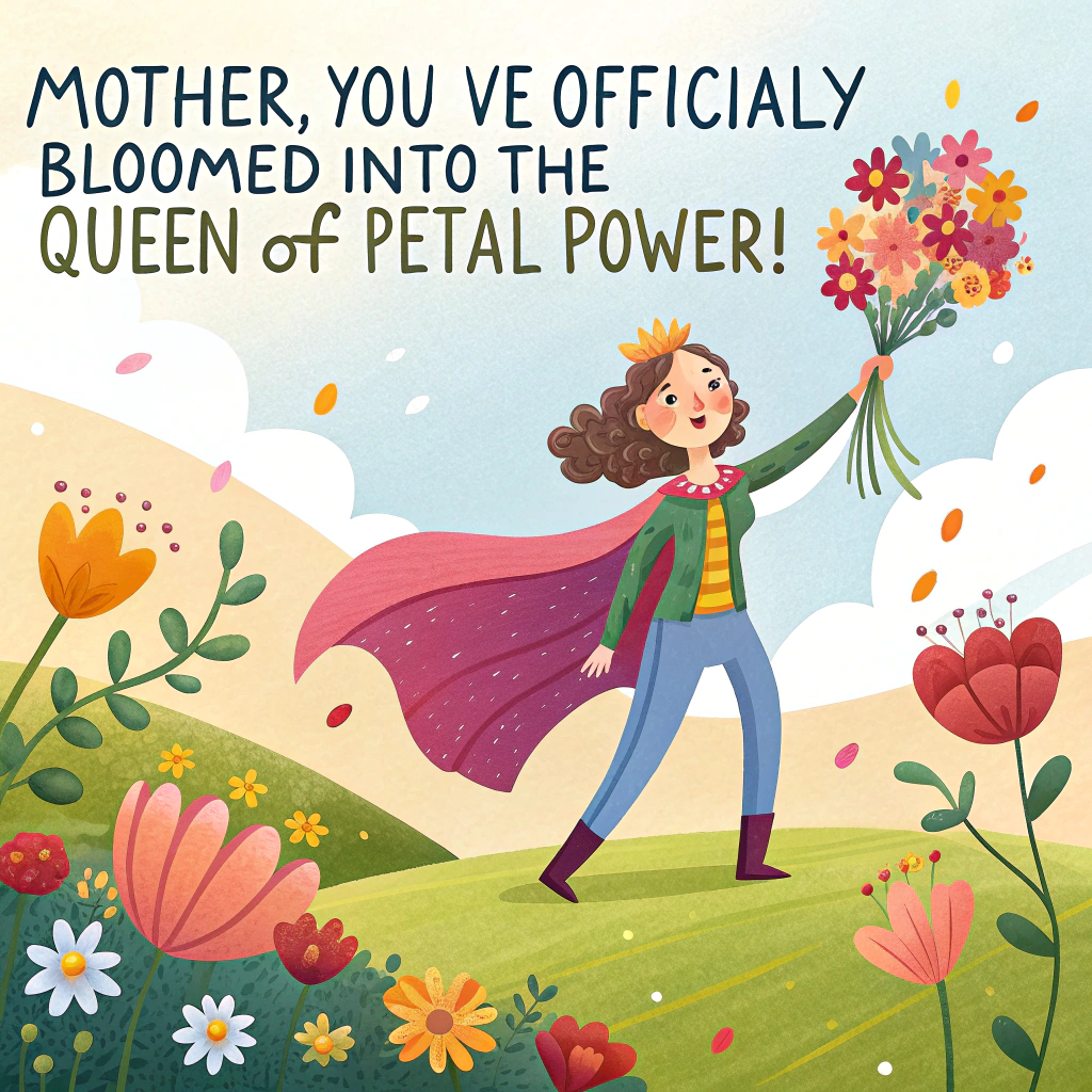 At the top of the image, "Mother, you’ve officially bloomed into the Queen of Petal Power!"

- Illustrate a charming, cartoon-style woman wearing a flowing cape made of colorful flowers, striking a heroic pose.  
- She is standing on a sunny grassy hill surrounded by vibrant, smiling daisies and tulips that wave like adoring fans.  
- In one hand, she’s proudly holding a massive, whimsical bouquet that sparkles slightly—each flower bearing little symbols of daily triumphs like a sock (laundry), a spatula (meals), and a stopwatch (time management).
- Birds above form a V shape, resembling a victory crown over her head.  
- Add the bold, glittery title in the center-bottom of the image: “MY SUPERMOM”.
Generated with these themes: A woman holding flowers, and Name the title MY SUPERMOM.
Made with ❤️ by AI.
