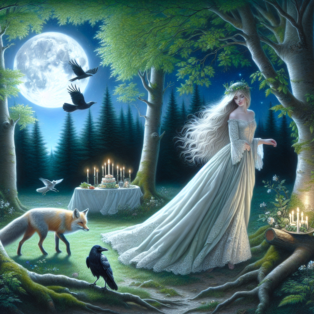 Capture an enchanting scene that takes place under the soft moonlight in the springtime, in the midst of the British countryside. Portray a white female with long blonde hair, whom one might associate with the divinity of a goddess, standing peacefully amidst a woodland scene. She showcases the beauty of the Pre-Raphaelite style while blending in with the fresh, green surroundings characteristic of spring. Accompanying her is a silver fox, casually trotting nearby. The scene's calmness is accentuated by a realistic birthday celebration taking place among the whispering trees. A crow, often seen as a messenger of the unseen world, rests near them, its dark plumage offering a sharp contrast against the luminous moonlit background.
Generated with these themes: Beautiful white female long blonde hair, Ethereal , Goddess, Mystical, Moon, Fox, Woods, Spring season, British countryside, Crow, and Pre raphaelite style.
Made with ❤️ by AI.