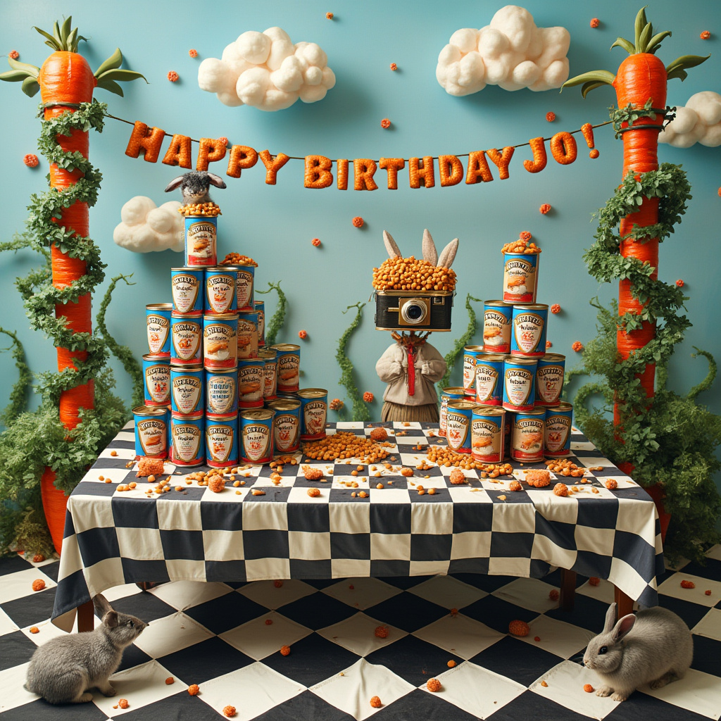 In the center of this surrealistic birthday scene, an extravagant birthday table stretches diagonally across the card. The table, draped in a checkered tablecloth that mimics a chessboard, is overloaded with towering piles of Heinz beans cans stacked in the shape of an abstract castle. The vibrant blue and red labels of the cans contrast vividly against the monochromatic tablecloth, creating a captivating optical illusion. To the left, a black and white Himalayan rabbit, with its velvety ears perked in curiosity, is perched atop one of the bean towers, surveying its kingdom. To the right, a plump gray rabbit hops amongst the cans, its fur seeming to ripple in metallic silver under the warm lighting. 

In the background, a whimsical banner that reads "Happy Birthday Jo!" is strung between two carrot-topped poles, the letters fashioned from twisting, leafy vines that spell out Jo's name in verdant greenery. Above this enchanting scene, a sky of swirling pastel clouds seems to mirror the rabbit's fur patterns, softly embracing the spectacle below. To the side of the scene, a wild-haired lady with an antique camera the size of a suitcase stands with one eye squinting through the lens, capturing the chaos. Her camera, festooned with colorful stickers and tiny plastic charms, appears almost alive as it clicks, recording the birthday madness for posterity. This detailed tableau tells the quirky tale of a birthday that is as unique and unforgettable as Jo herself.
Generated with these themes: Hoarding Heinz besns, White and black Himalayan rabbit, Gray rabbit, and Crazy lady with camera.
Made with ❤️ by AI.