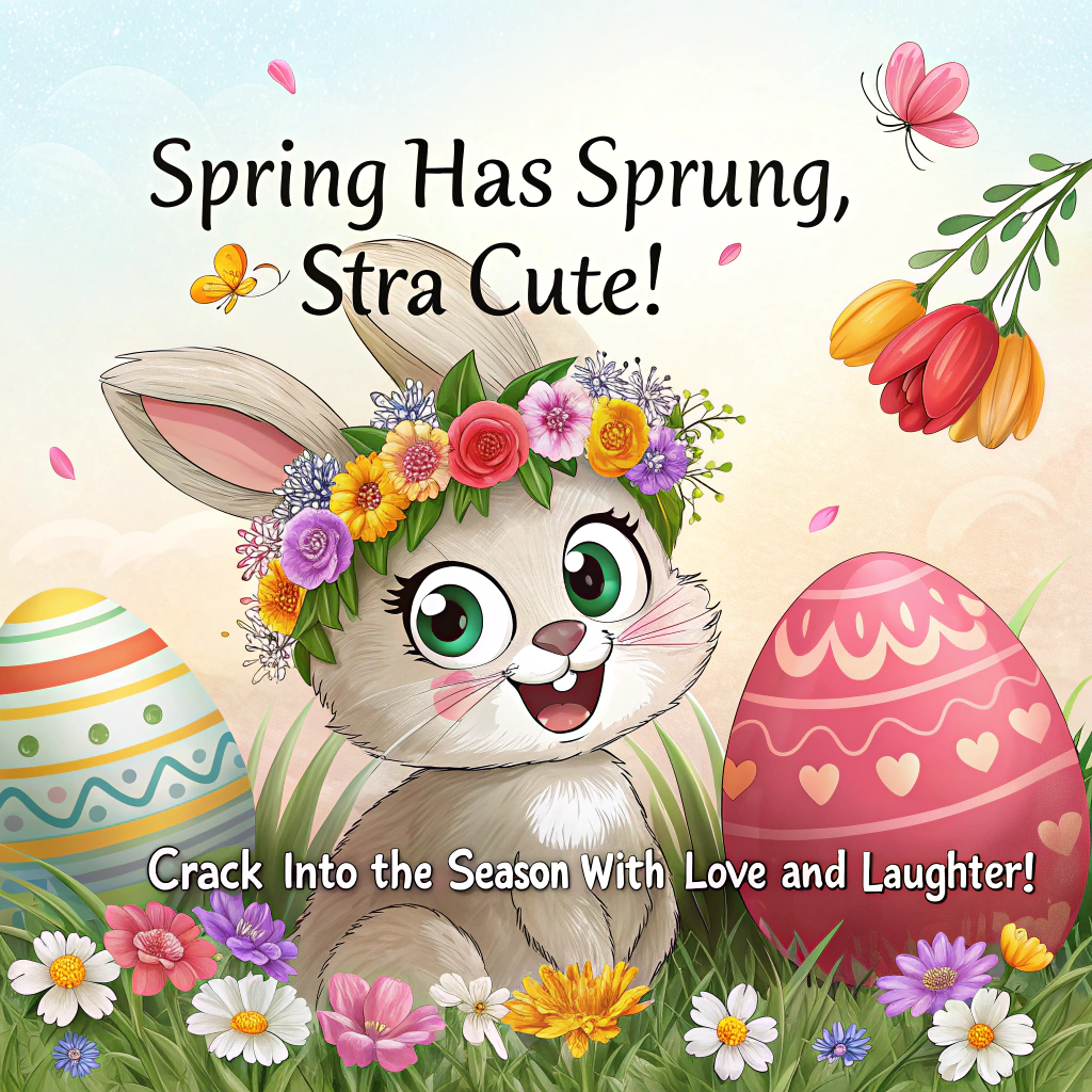 At the top of the image, "Spring Has Sprung, Egg-stra Cute!":

Add at the bottom of the image, "Crack into the season with love and laughter!"

- In the center, illustrate an adorable bunny wearing a brightly colored floral wreath on its head. Its big eyes and charming grin should radiate cuteness and mischief.

- Surround the bunny with a collection of oversized, vibrant Easter eggs. Each egg features a unique and playful pattern of spring flowers, such as tulips, daisies, and cherry blossoms in full bloom.

- Scatter a few fluffy, cheerful chicks hopping around the eggs, each wearing tiny flower crowns and striking playful poses.

- Add a background filled with colorful blooming flowers and fresh green grass, with butterflies and ladybugs flitting joyously among them.

- Ensure a sky with soft pastel hues that blend from sunrise pink to robin's egg blue, infusing the scene with warmth and a sense of rebirth.
Generated with these themes: Floral, Spring time, Easter eggs, and Bright colours.
Made with ❤️ by AI.