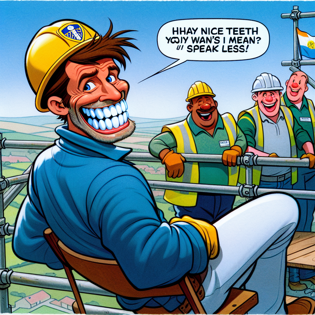 In a lively cartoon, an ageless male character with a slim figure and brown hair exuberantly shows off his shiny new teeth while sitting on scaffolding. Dressed in traditional construction gear which includes a hard hat, he turns towards the viewers, his wide smile emphasizing his dental makeover. The setting is unmistakably in Ireland, confirmed by the unique landscape and the Leeds United flag that bravely waves from his back. His co-workers, who are of varying descents such as South Asian, Hispanic and Caucasian, participate in the moment. One comically comments on his 'nice teeth', while another, also amused, wonders if this means he will speak less, incorporating some birthday humor into the scene.
Generated with these themes: Draw Tony he is slim, age 50, brown hair and wears a hard Hat. He is up scaffolding but turning to the camera to show of his brand new big white smile as he has new teeth. He is on the scaffolding on the side of a building in Ireland with a leeds united flag draped over his back.  His colleagues are commenting things like "nice teeth" and another is saying "does this mean you will speak less?".
Made with ❤️ by AI.