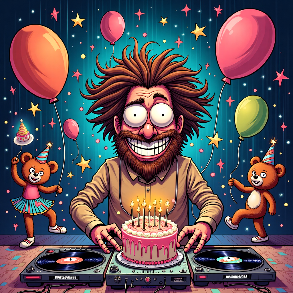 **Prompt:**

At the top of the illustration image: "Happy Braindance Birthday, Fraser – You've Officially Gone Full Aphex!"

Create a wild, funny illustration in the style of a surreal electronic fever dream. The central character is Fraser, drawn in a caricatured style wearing Richard D. James’s signature evil grin, complete with exaggerated creepy smile and bulging cartoon eyes. He's DJing a birthday party inside a warped, futuristic nightclub that looks like a melting rave in an alien basement — complete with neon-glitched balloons, glitchy birthday cake spinning on vinyl turntables, and bizarre dancing characters who are part robot, part birthday clowns.

Add humorous details like laser-shooting party hats, breakdancing teddy bears, and Fraser’s DJ booth covered in birthday candles and tangled cables. The scene should be chaotic, colourful, slightly absurd — an Aphex Twin-style birthday meltdown filled with joyful chaos. Make the illustration style detailed and hand-drawn, with a playful psychedelic edge, mixing birthday fun with twisted IDM rave vibes.
Generated with these themes: Aohex twin.
Made with ❤️ by AI.
